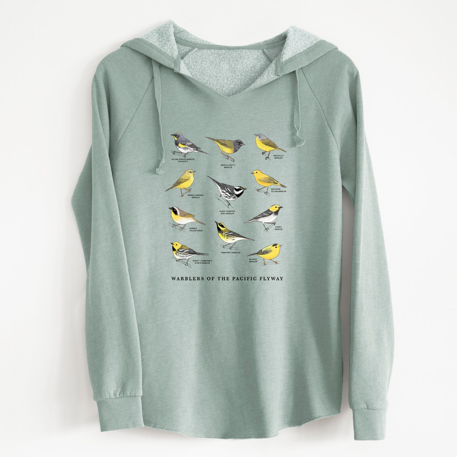 Sage green women's Cali Wave hooded sweatshirt laid flat, printed with a full-color chart of warblers of the Pacific Flyway, each labeled with its species.