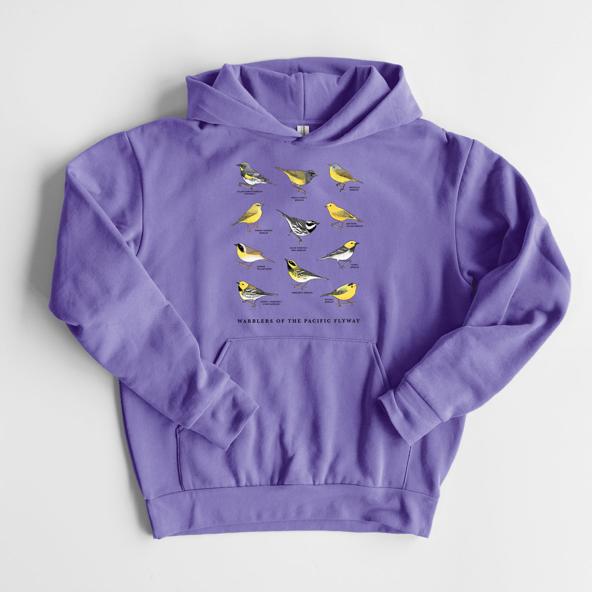 Warblers of the Pacific Flyway - Statement Midweight Hoodie in Violet, laid flat, showing the oversized boxy fit and front kangaroo pocket.