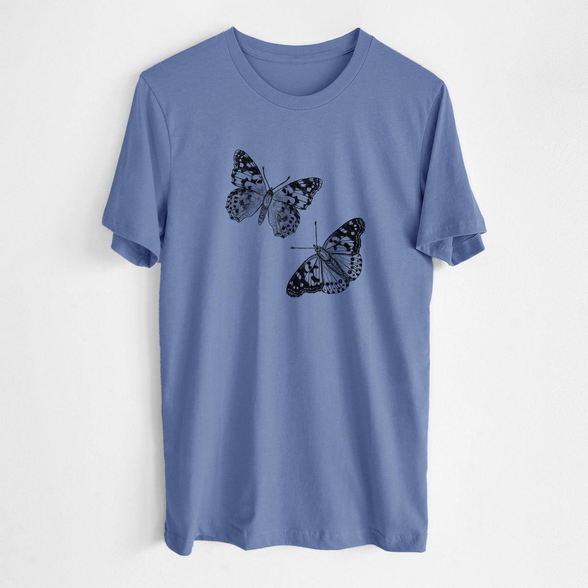 Blue bell lightweight cotton t-shirt laid flat, printed with a detailed black ink illustration of two painted lady butterflies.