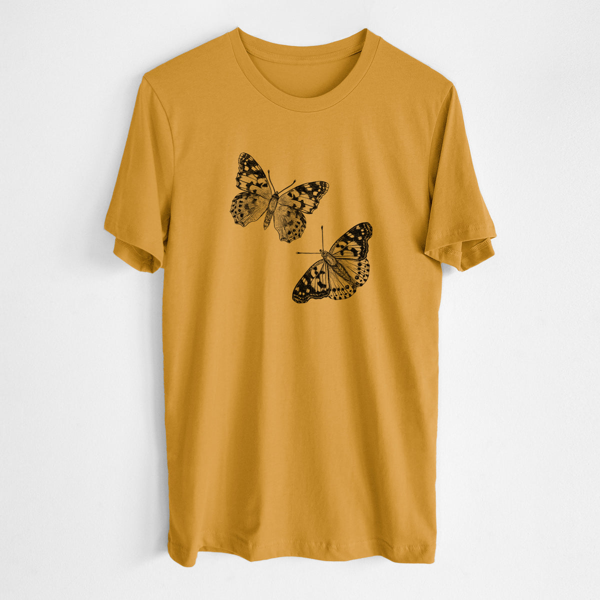 Honeycomb yellow lightweight cotton t-shirt laid flat, printed with a detailed black ink illustration of two painted lady butterflies.