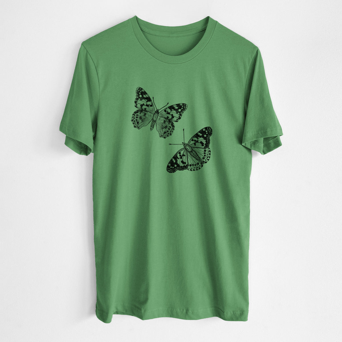 Leaf green lightweight cotton t-shirt laid flat, printed with a detailed black ink illustration of two painted lady butterflies.