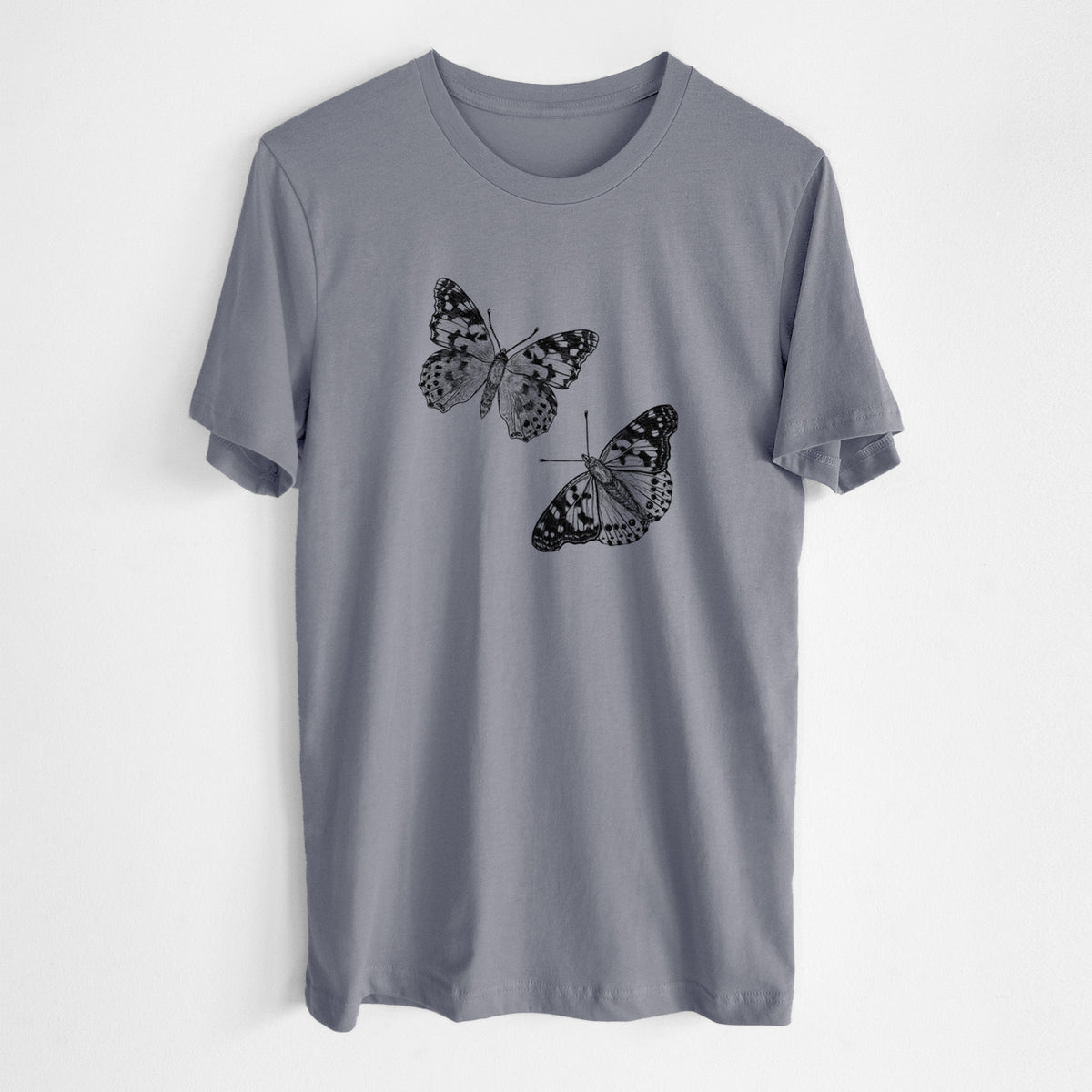 Storm grey lightweight cotton t-shirt laid flat, printed with a detailed black ink illustration of two painted lady butterflies.