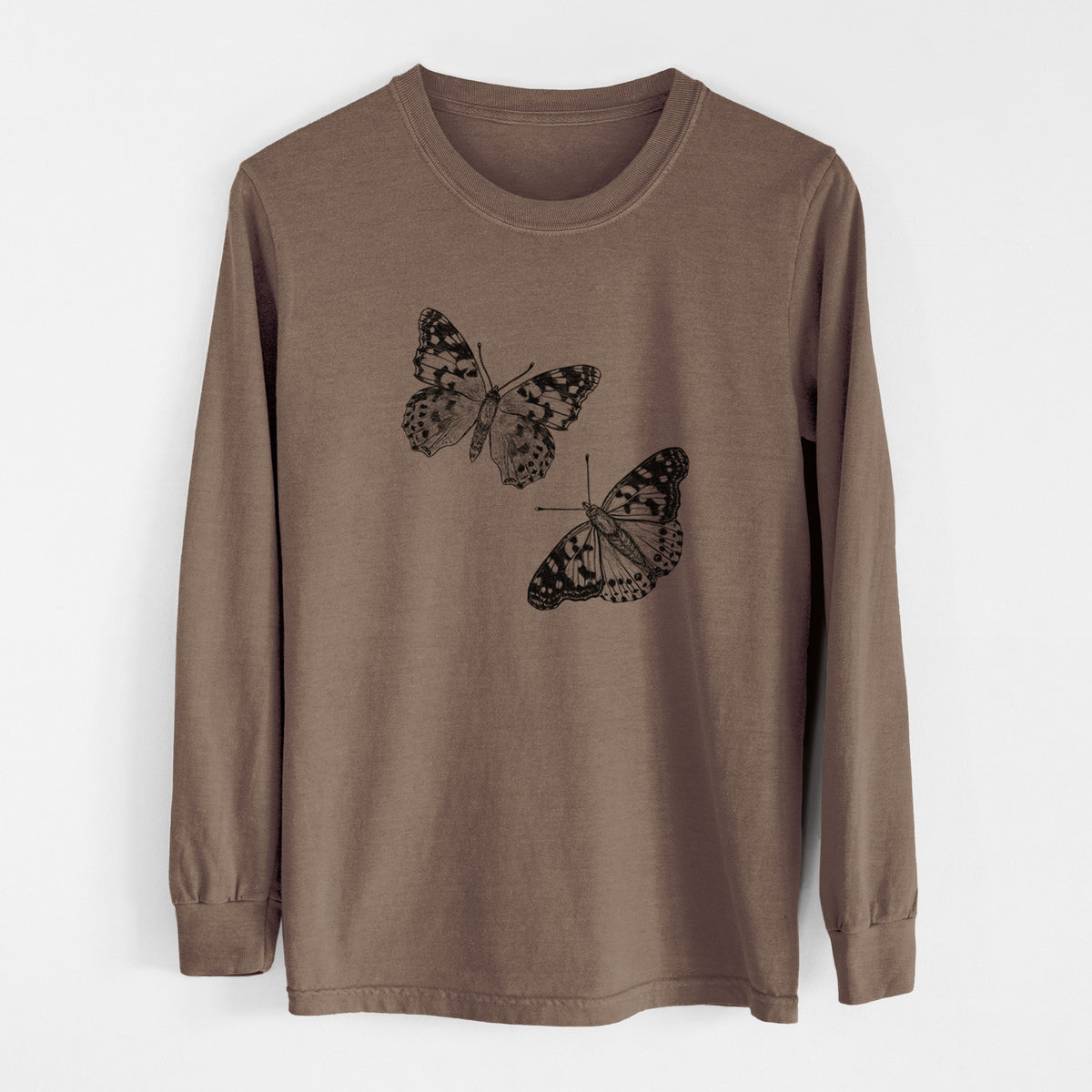 Espresso brown Comfort Colors long sleeve shirt laid flat, printed with a detailed black ink illustration of two painted lady butterflies.