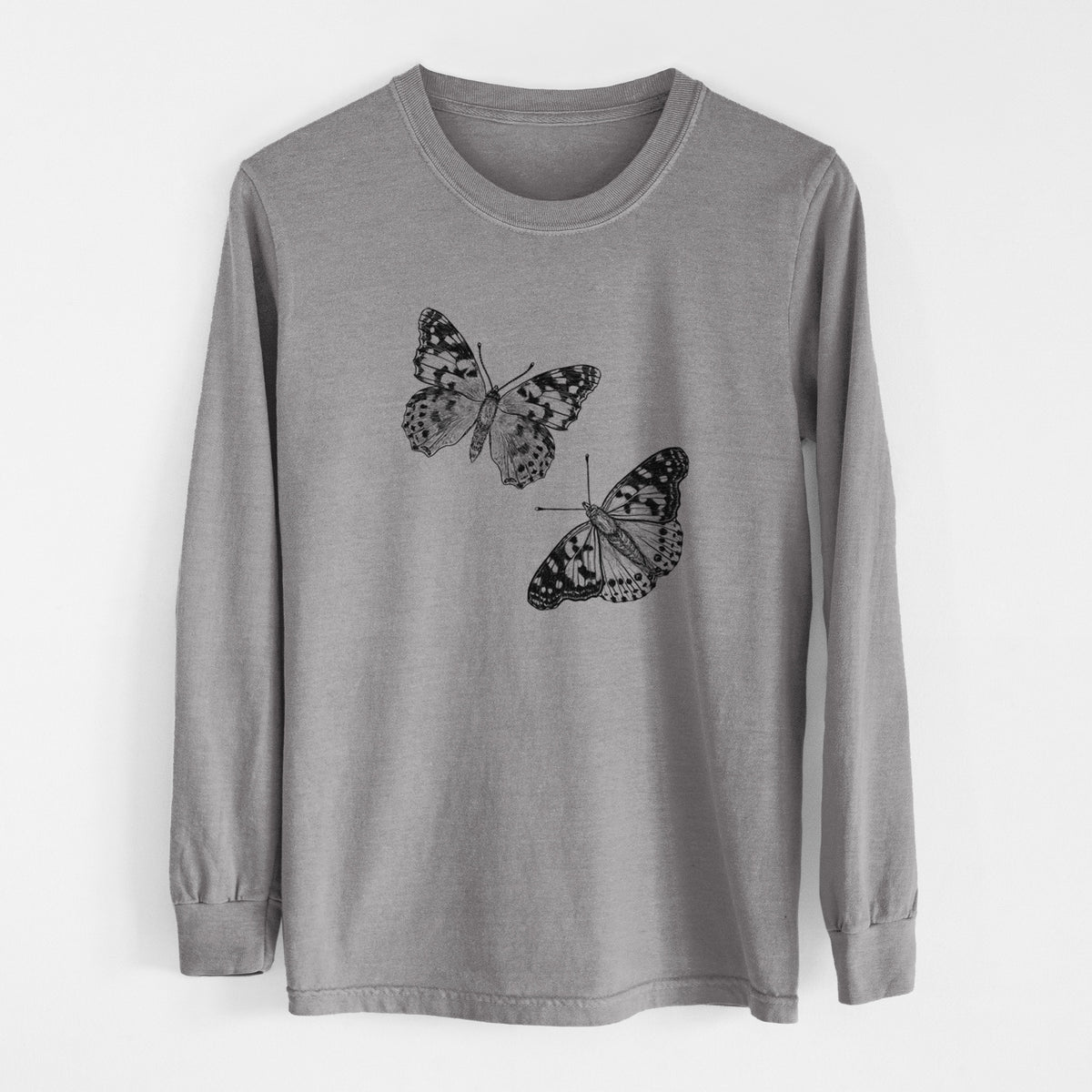 Grey Comfort Colors long sleeve shirt laid flat, printed with a detailed black ink illustration of two painted lady butterflies.