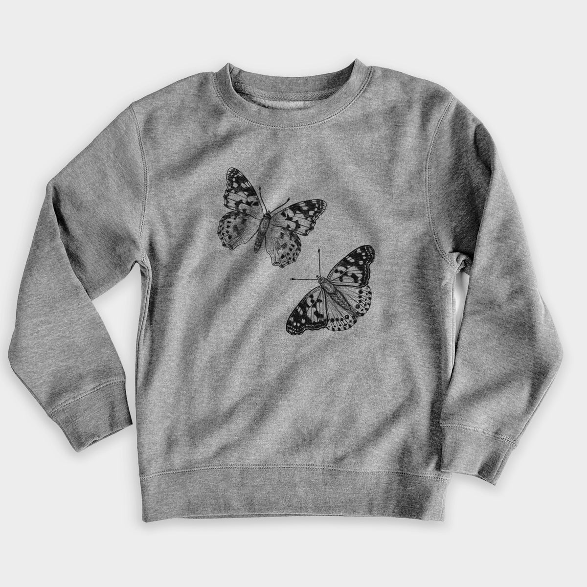 Nickel grey youth crewneck sweatshirt laid flat, printed with a detailed black ink illustration of two painted lady butterflies.