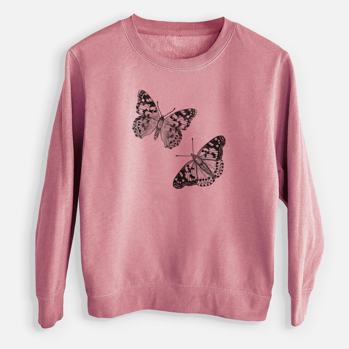 Mauve pink youth crewneck sweatshirt laid flat, printed with a detailed black ink illustration of two painted lady butterflies.