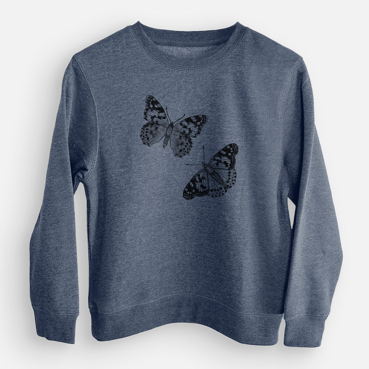 Storm blue youth crewneck sweatshirt laid flat, printed with a detailed black ink illustration of two painted lady butterflies.