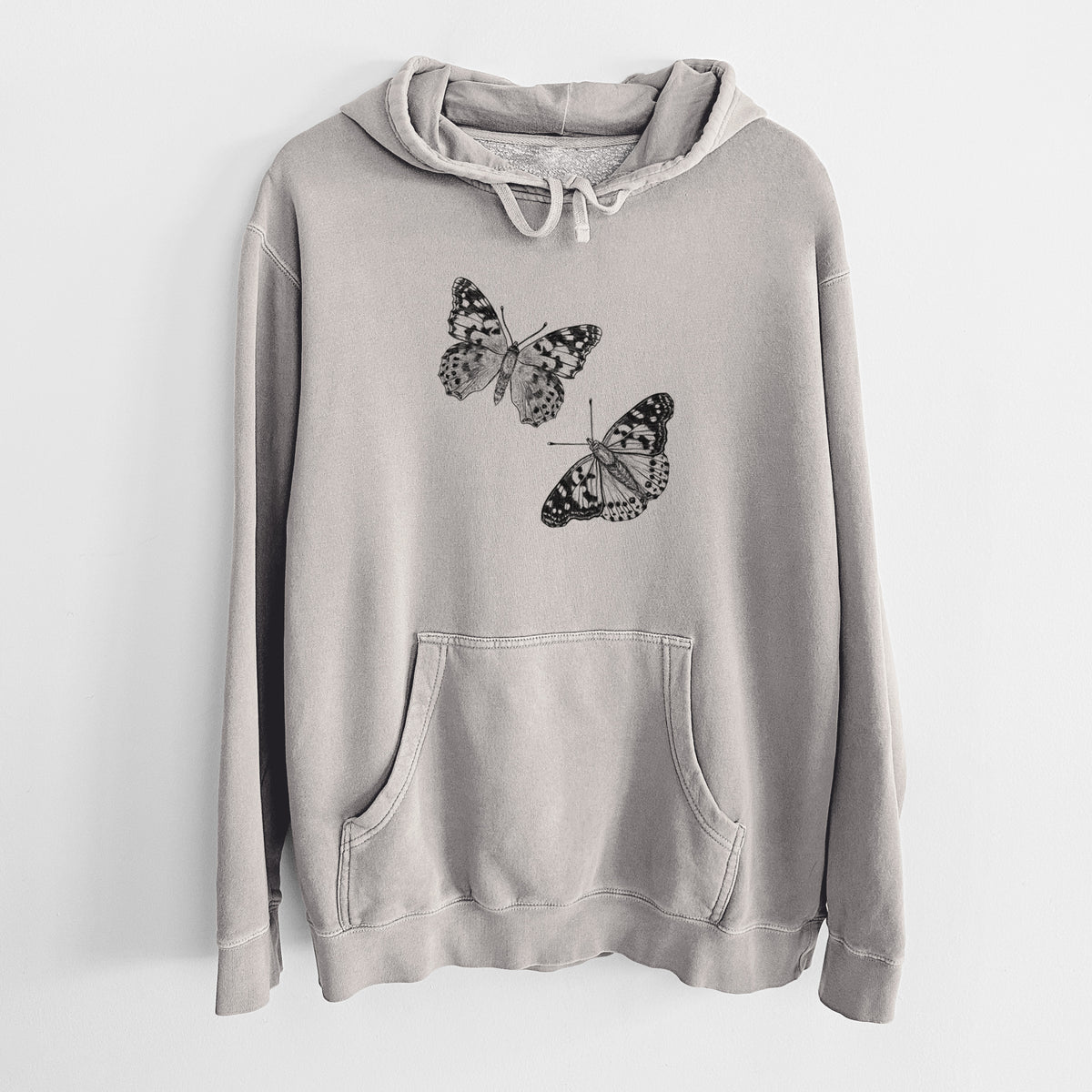 Cement grey pigment dyed hoodie laid flat, printed with a detailed black ink illustration of two painted lady butterflies.