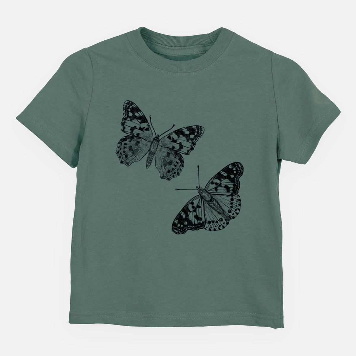 Basil green toddler t-shirt laid flat, printed with a detailed black ink illustration of two painted lady butterflies.