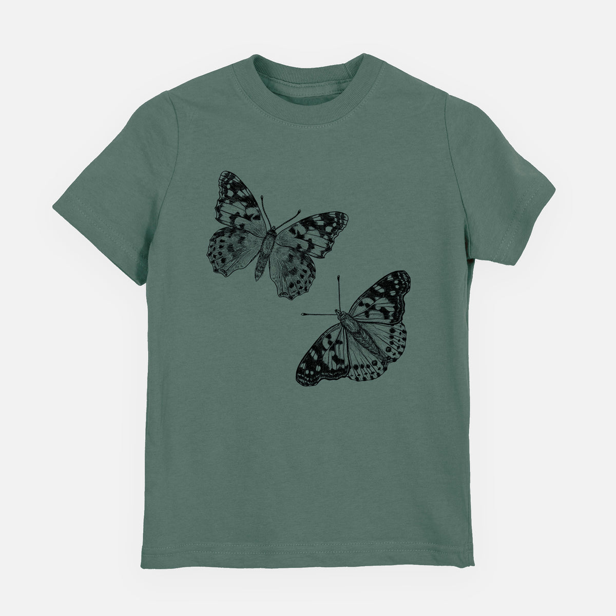 Basil green youth t-shirt laid flat, printed with a detailed black ink illustration of two painted lady butterflies.