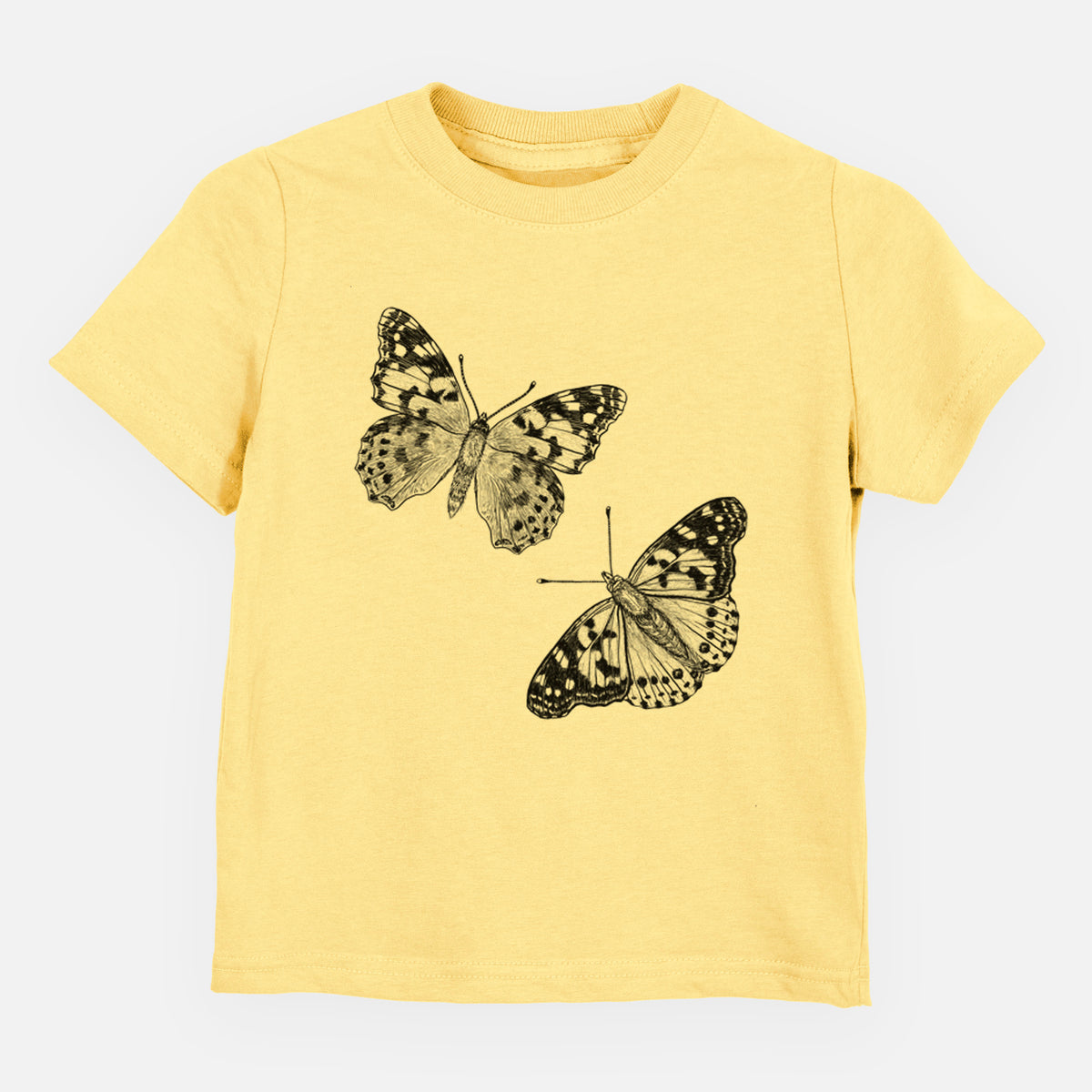 Butter yellow toddler t-shirt laid flat, printed with a detailed black ink illustration of two painted lady butterflies.