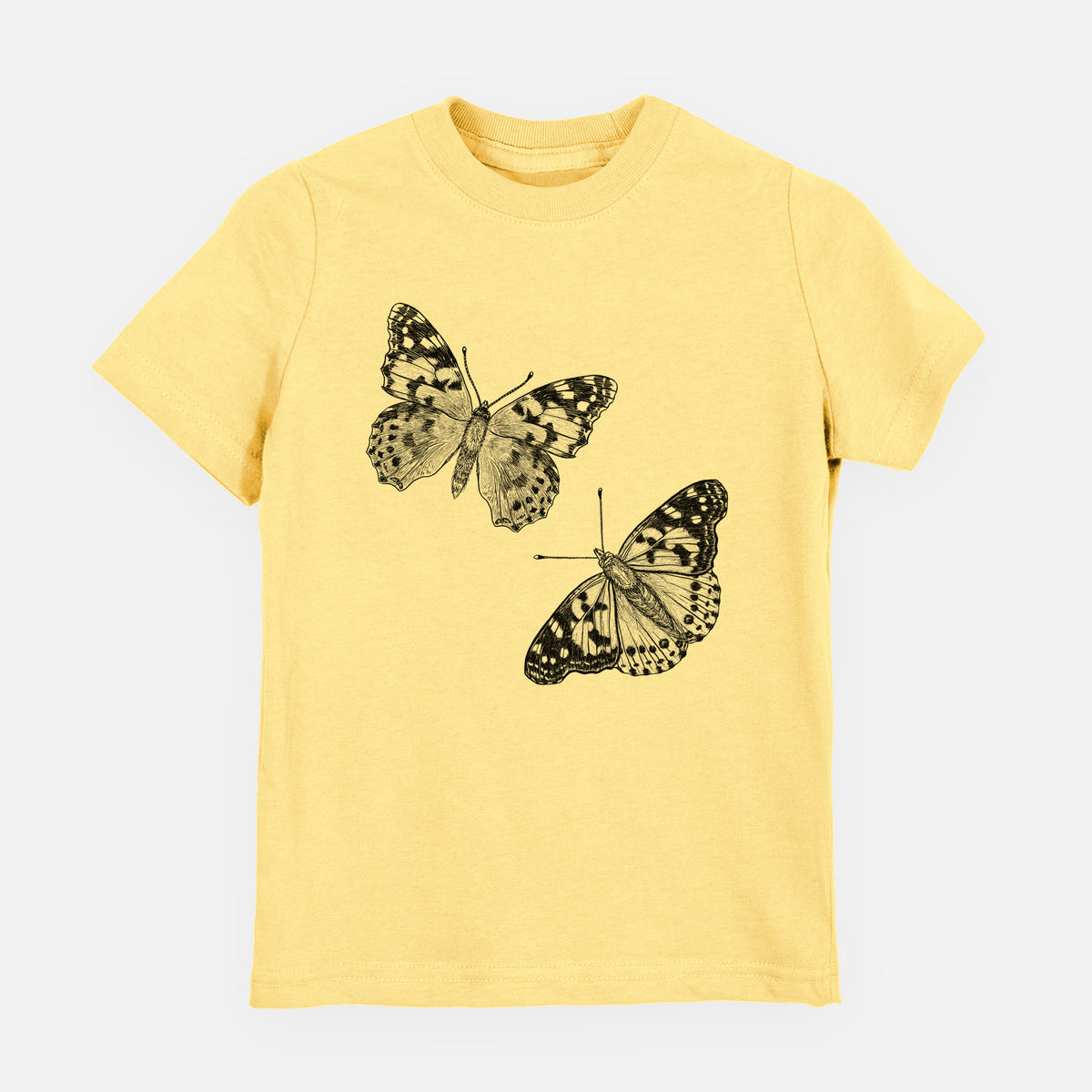 Butter yellow youth t-shirt laid flat, printed with a detailed black ink illustration of two painted lady butterflies.