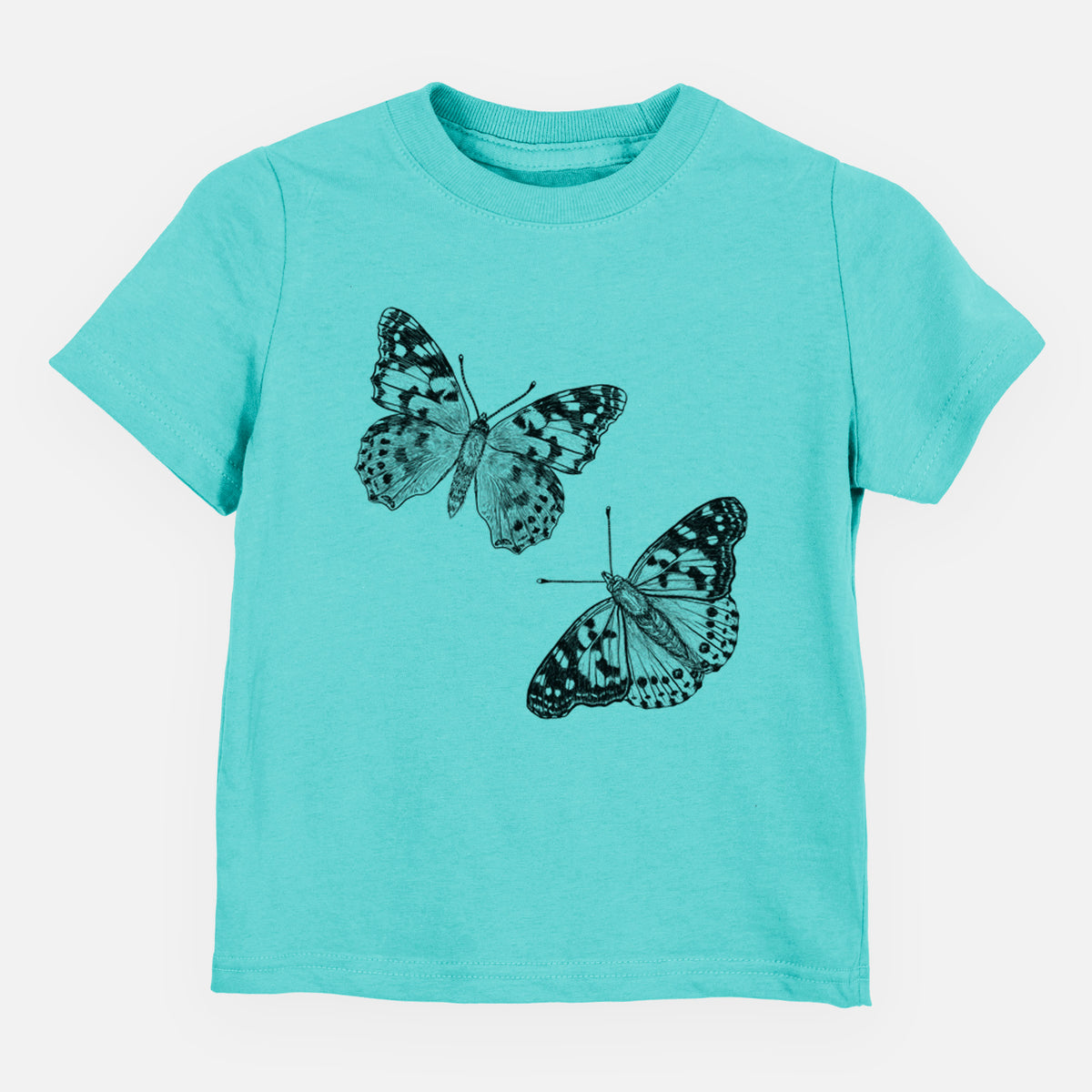 Caribbean blue toddler t-shirt laid flat, printed with a detailed black ink illustration of two painted lady butterflies.