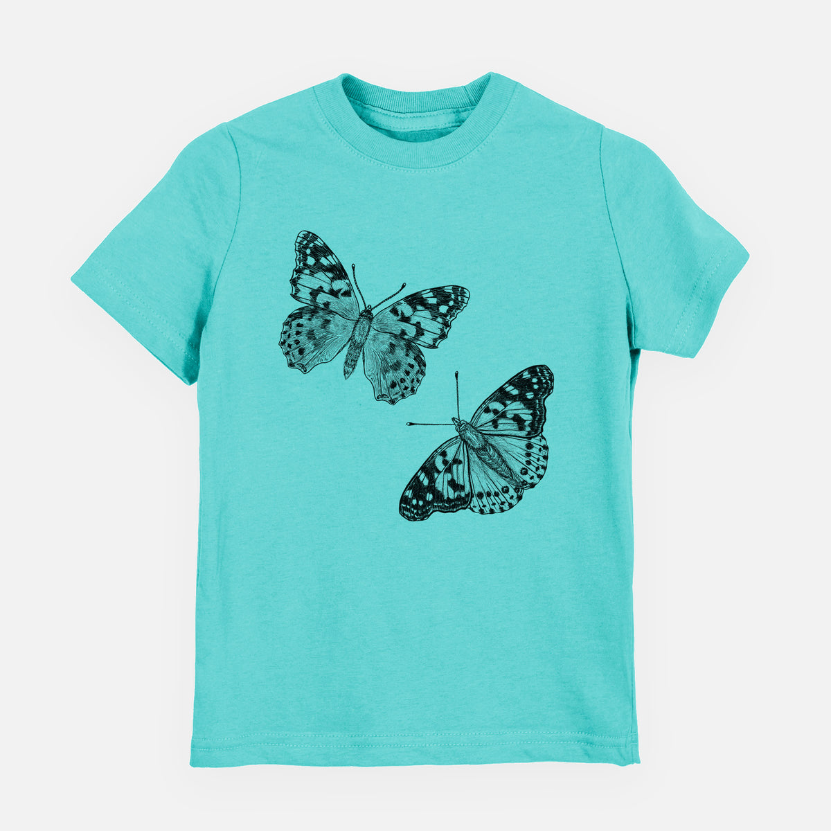 Caribbean blue youth t-shirt laid flat, printed with a detailed black ink illustration of two painted lady butterflies.