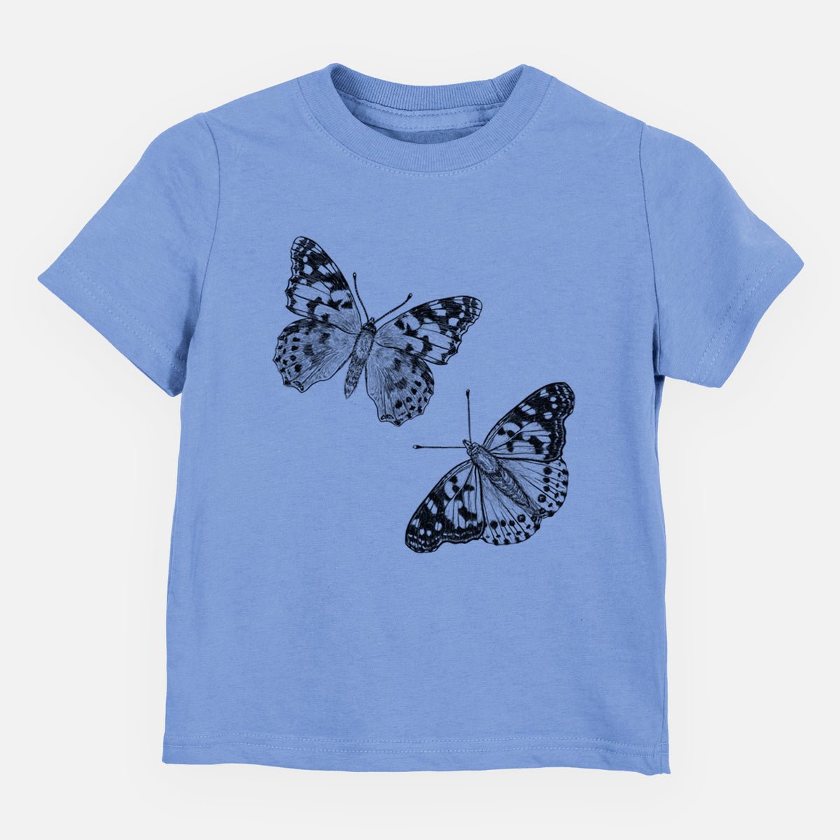 Carolina blue toddler t-shirt laid flat, printed with a detailed black ink illustration of two painted lady butterflies.