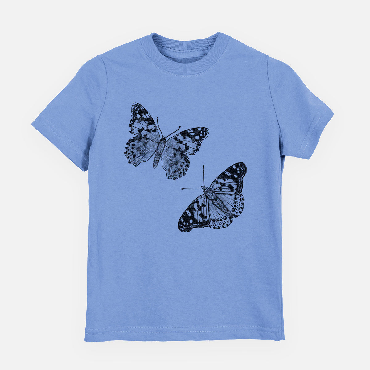 Carolina blue youth t-shirt laid flat, printed with a detailed black ink illustration of two painted lady butterflies.