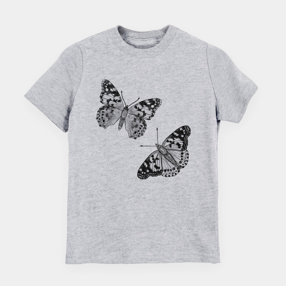 Heather grey youth t-shirt laid flat, printed with a detailed black ink illustration of two painted lady butterflies.