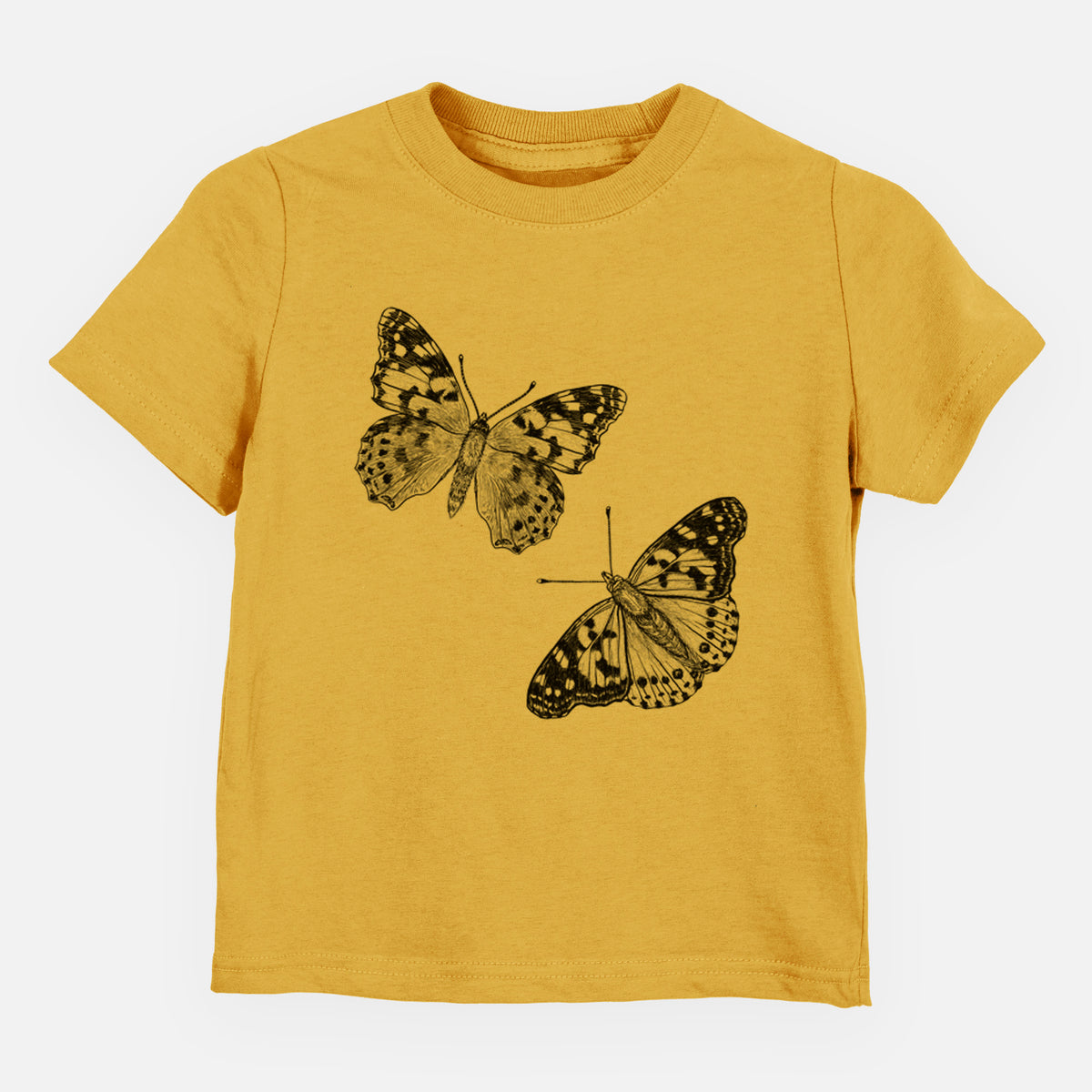 Honeycomb yellow toddler t-shirt laid flat, printed with a detailed black ink illustration of two painted lady butterflies.