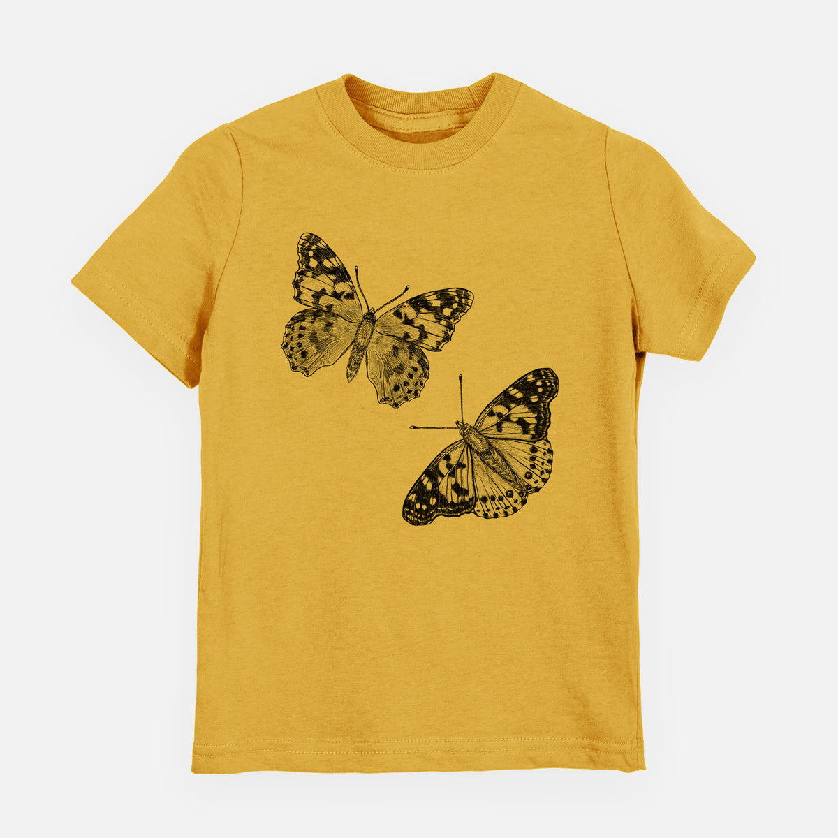 Honeycomb yellow youth t-shirt laid flat, printed with a detailed black ink illustration of two painted lady butterflies.