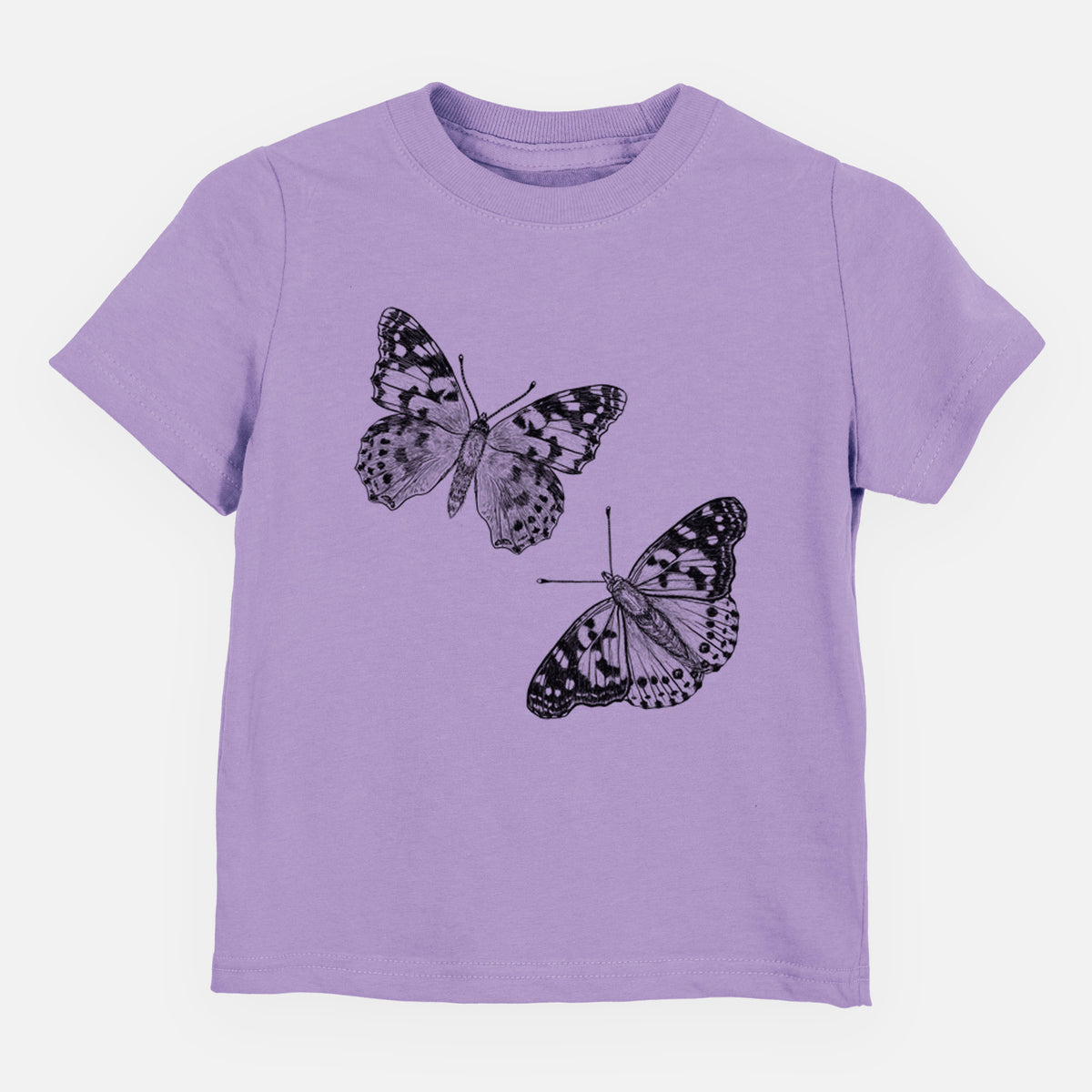 Lavender toddler t-shirt laid flat, printed with a detailed black ink illustration of two painted lady butterflies.