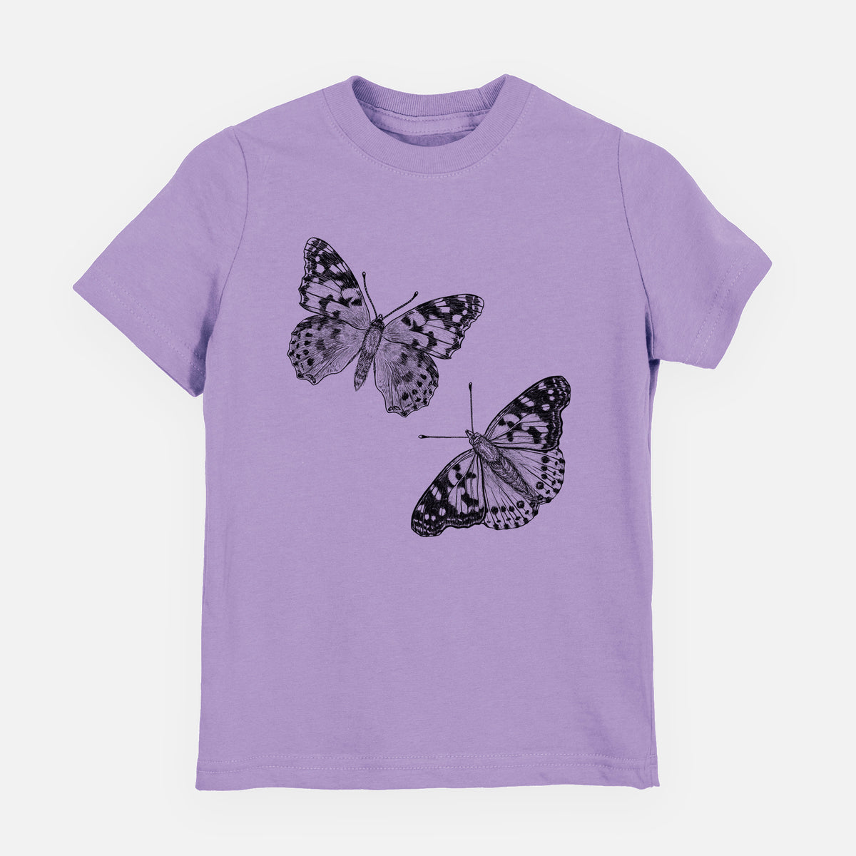 Lavender youth t-shirt laid flat, printed with a detailed black ink illustration of two painted lady butterflies.
