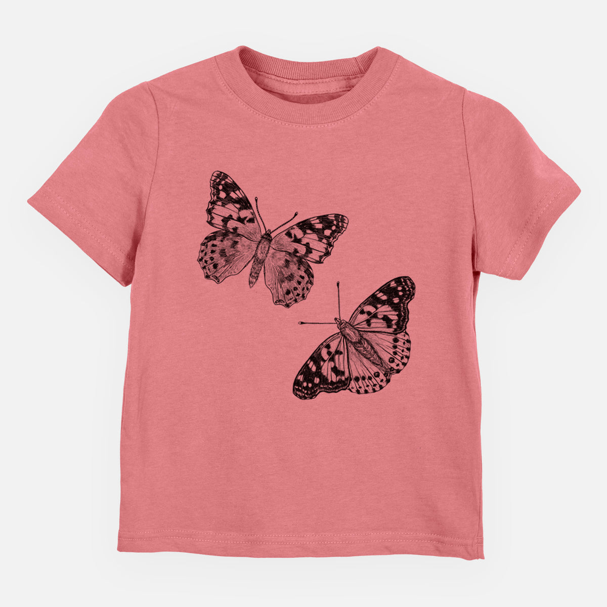 Mauve pink toddler t-shirt laid flat, printed with a detailed black ink illustration of two painted lady butterflies.