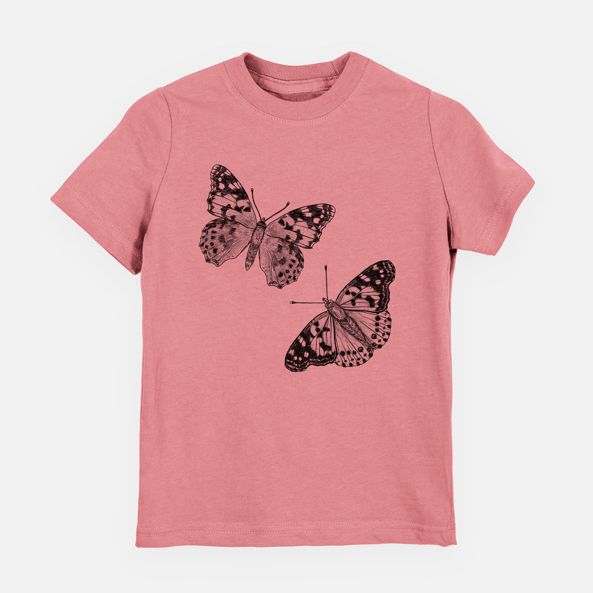 Mauve pink youth t-shirt laid flat, printed with a detailed black ink illustration of two painted lady butterflies.