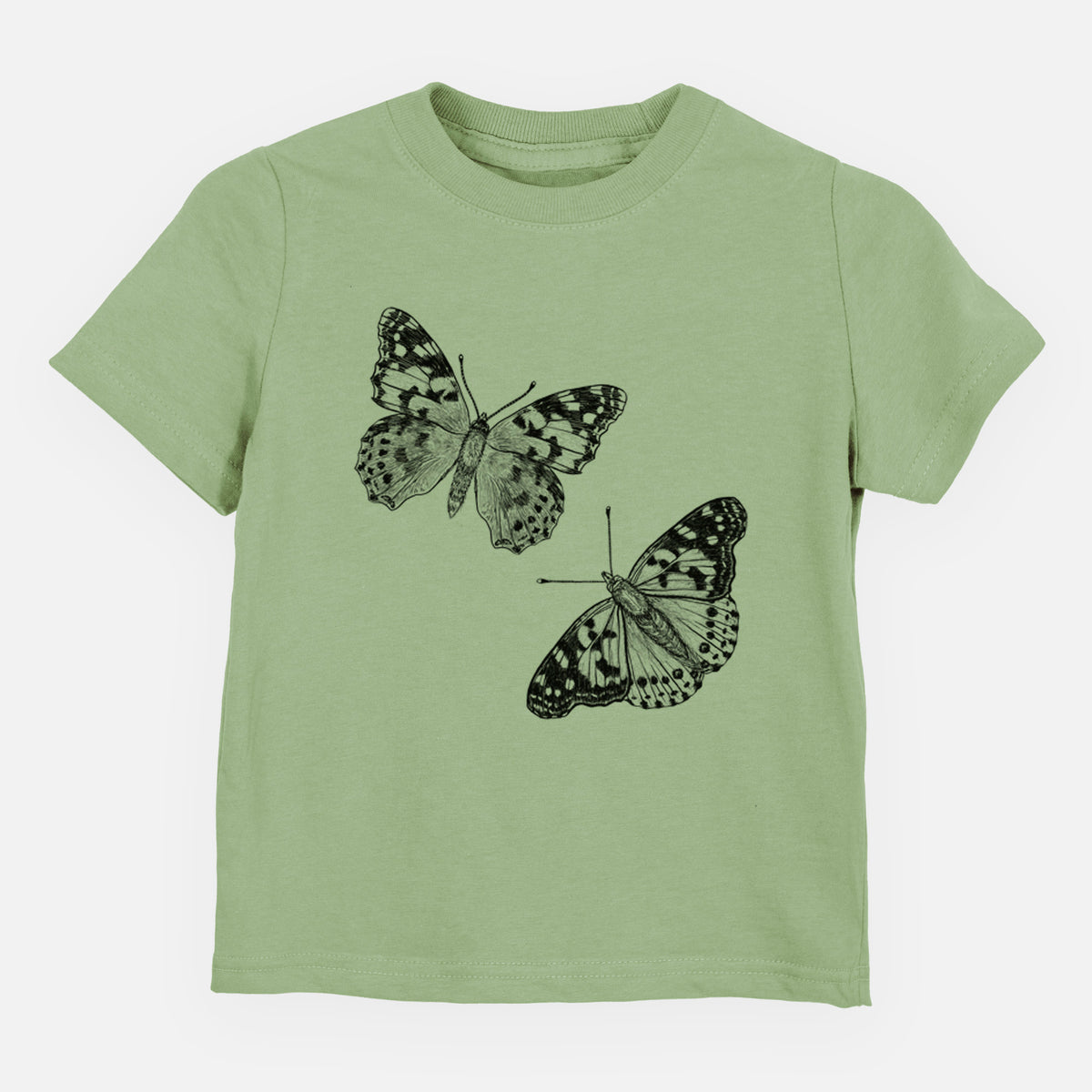 Sage green toddler t-shirt laid flat, printed with a detailed black ink illustration of two painted lady butterflies.