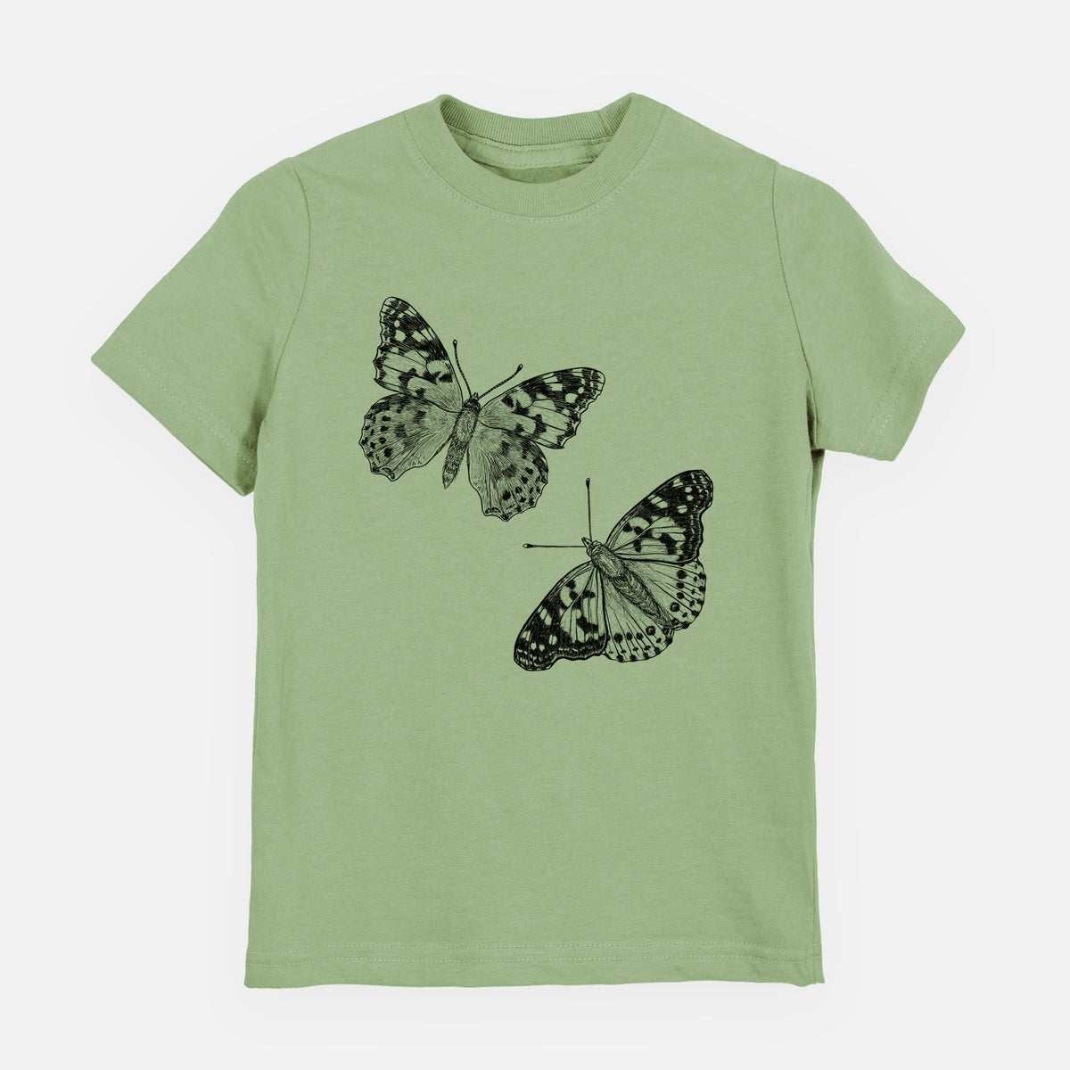 Sage green youth t-shirt laid flat, printed with a detailed black ink illustration of two painted lady butterflies.