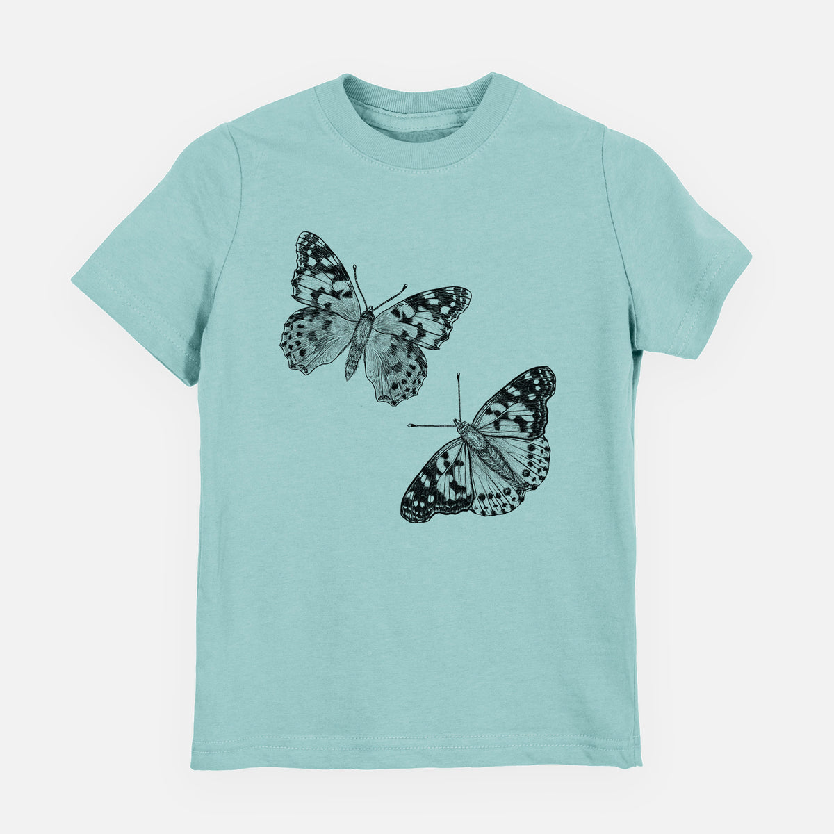 Saltwater youth t-shirt laid flat, printed with a detailed black ink illustration of two painted lady butterflies.