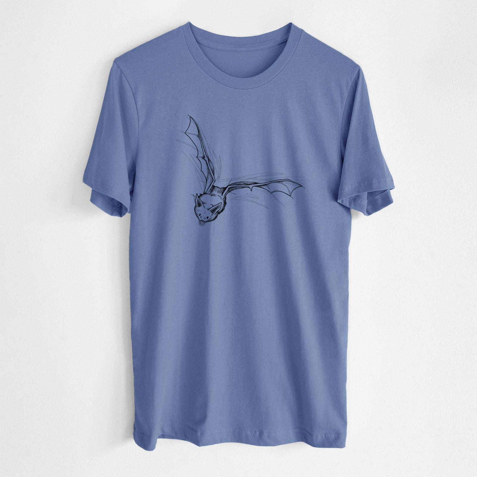 Blue bell lightweight cotton t-shirt laid flat, printed with a black ink illustration of a pallid bat in flight.
