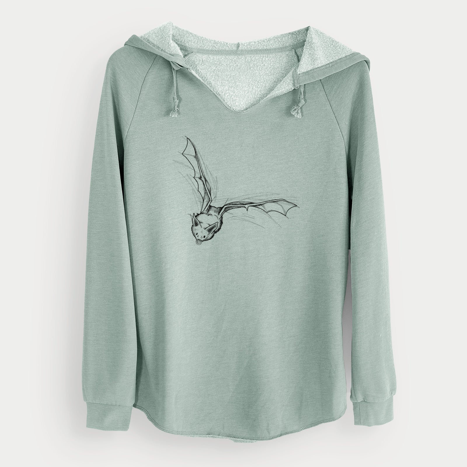 Sage green women's Cali Wave hooded sweatshirt laid flat, printed with a black ink illustration of a pallid bat in flight.