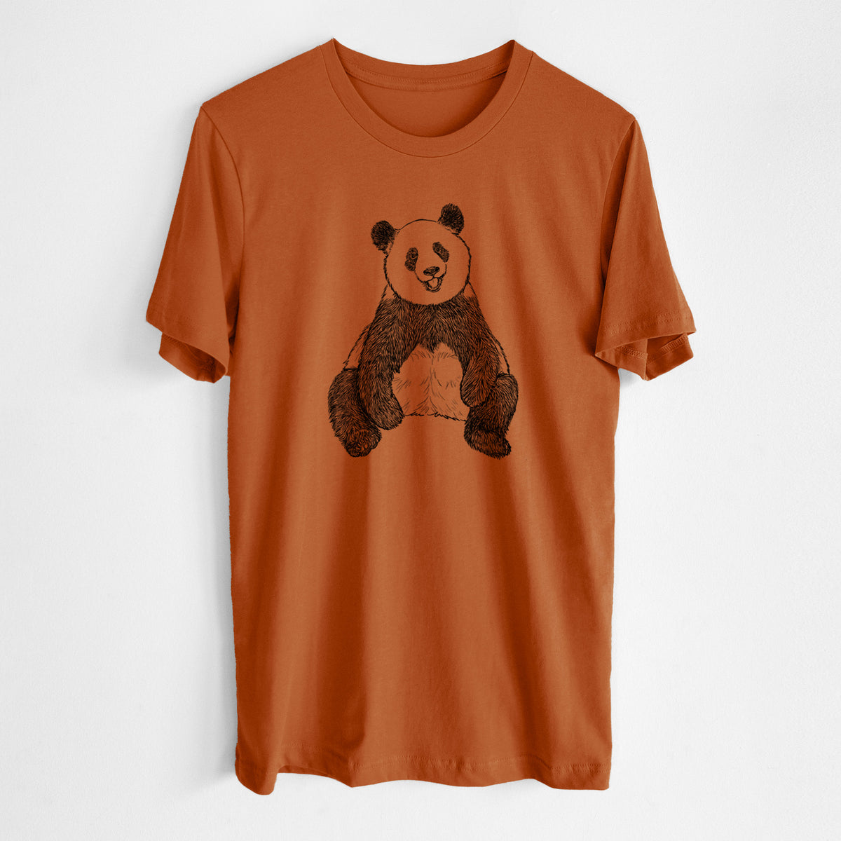 Autumn lightweight cotton t-shirt laid flat, printed with a black ink illustration of a giant panda sitting and facing forward.