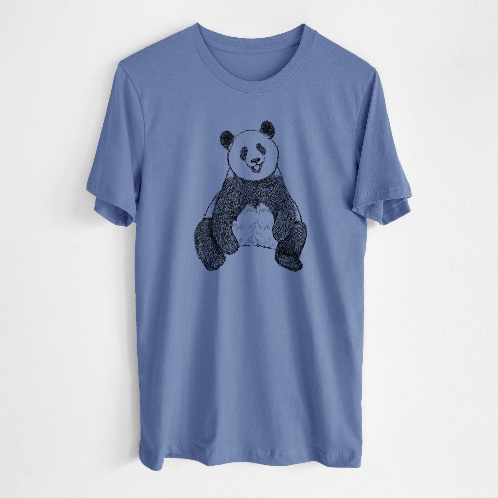 Blue bell lightweight cotton t-shirt laid flat, printed with a black ink illustration of a giant panda sitting and facing forward.