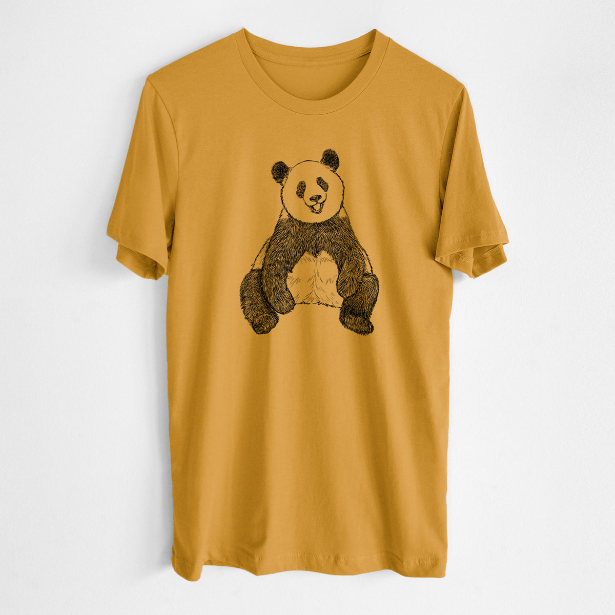 Honeycomb yellow lightweight cotton t-shirt laid flat, printed with a black ink illustration of a giant panda sitting and facing forward.
