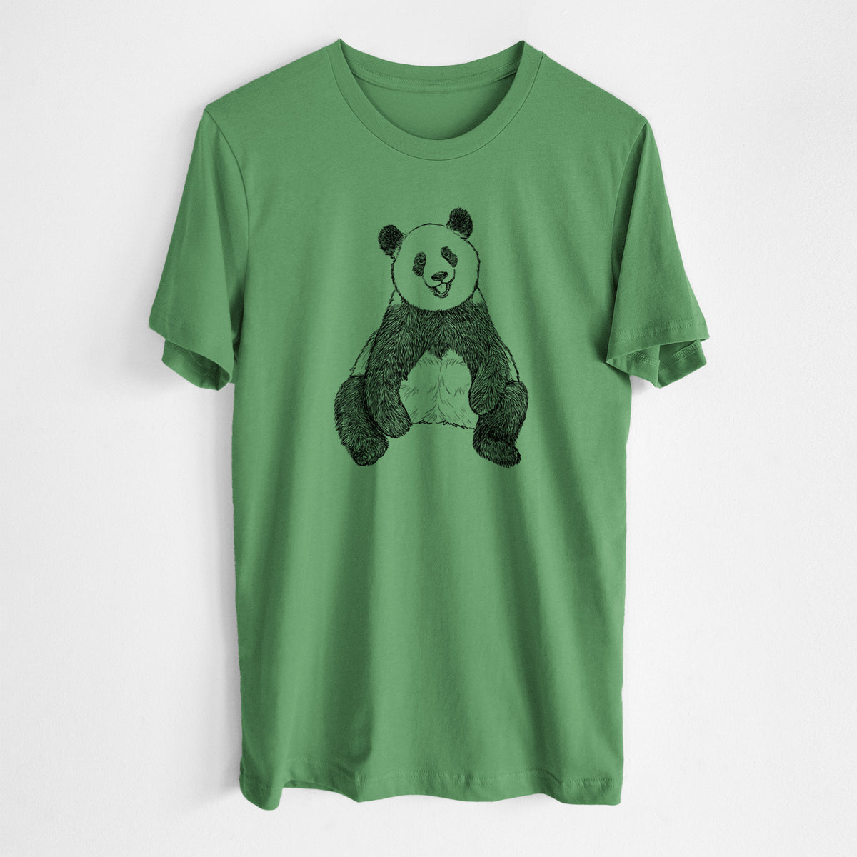Leaf green lightweight cotton t-shirt laid flat, printed with a black ink illustration of a giant panda sitting and facing forward.
