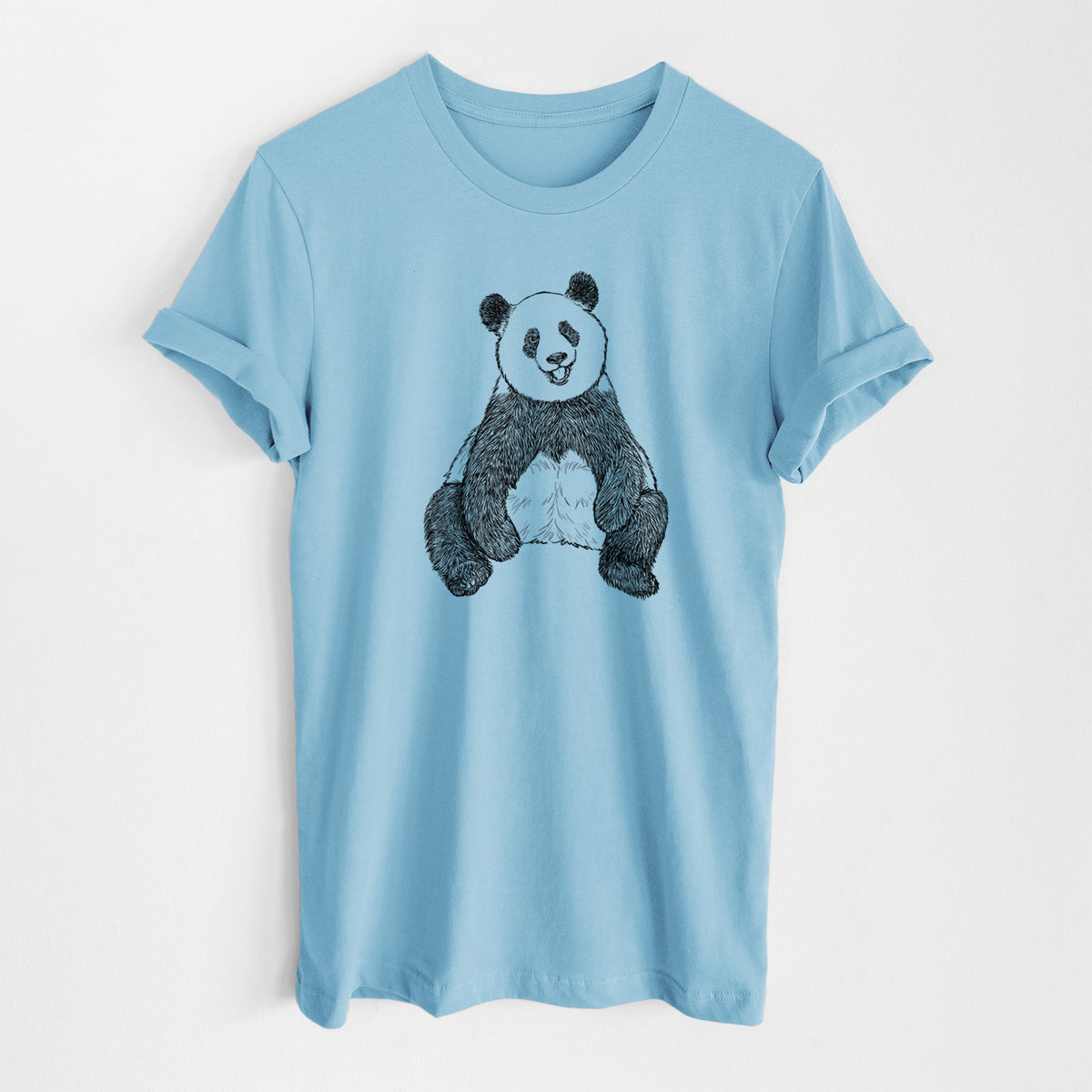 Ocean blue lightweight cotton t-shirt laid flat, printed with a black ink illustration of a giant panda sitting and facing forward.
