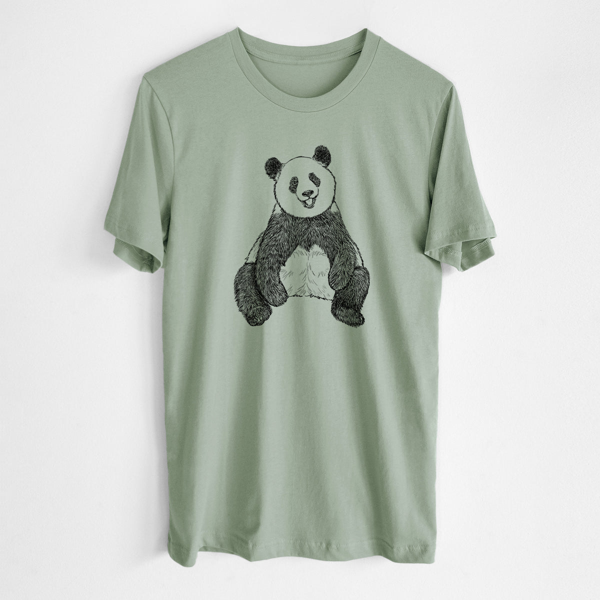 Sage green lightweight cotton t-shirt laid flat, printed with a black ink illustration of a giant panda sitting and facing forward.