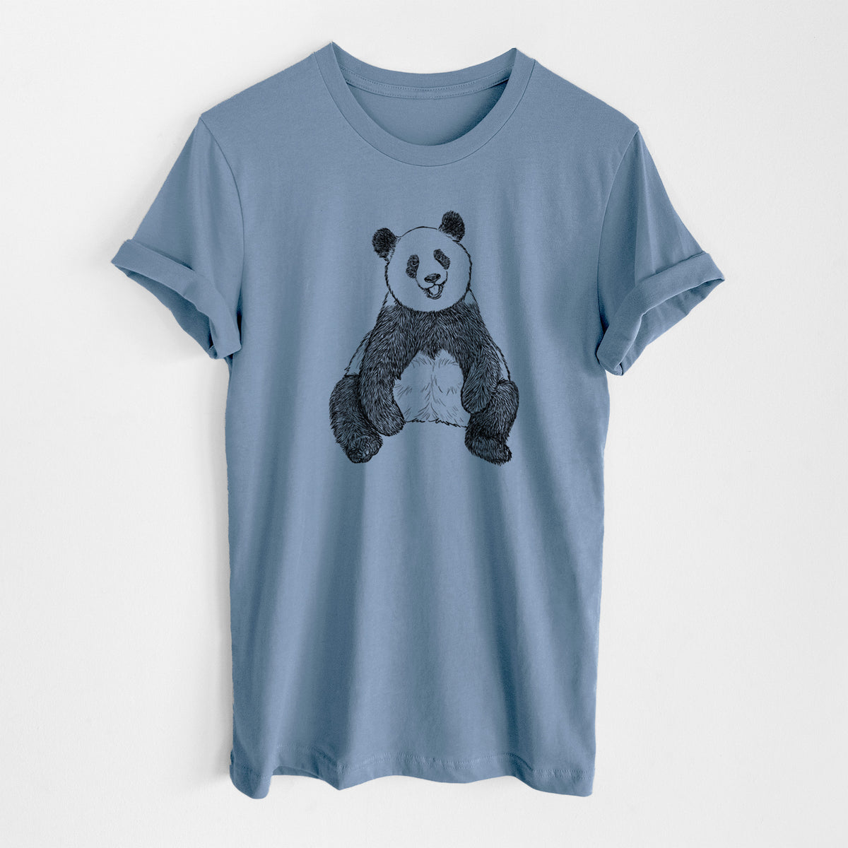 Steel blue lightweight cotton t-shirt laid flat, printed with a black ink illustration of a giant panda sitting and facing forward.