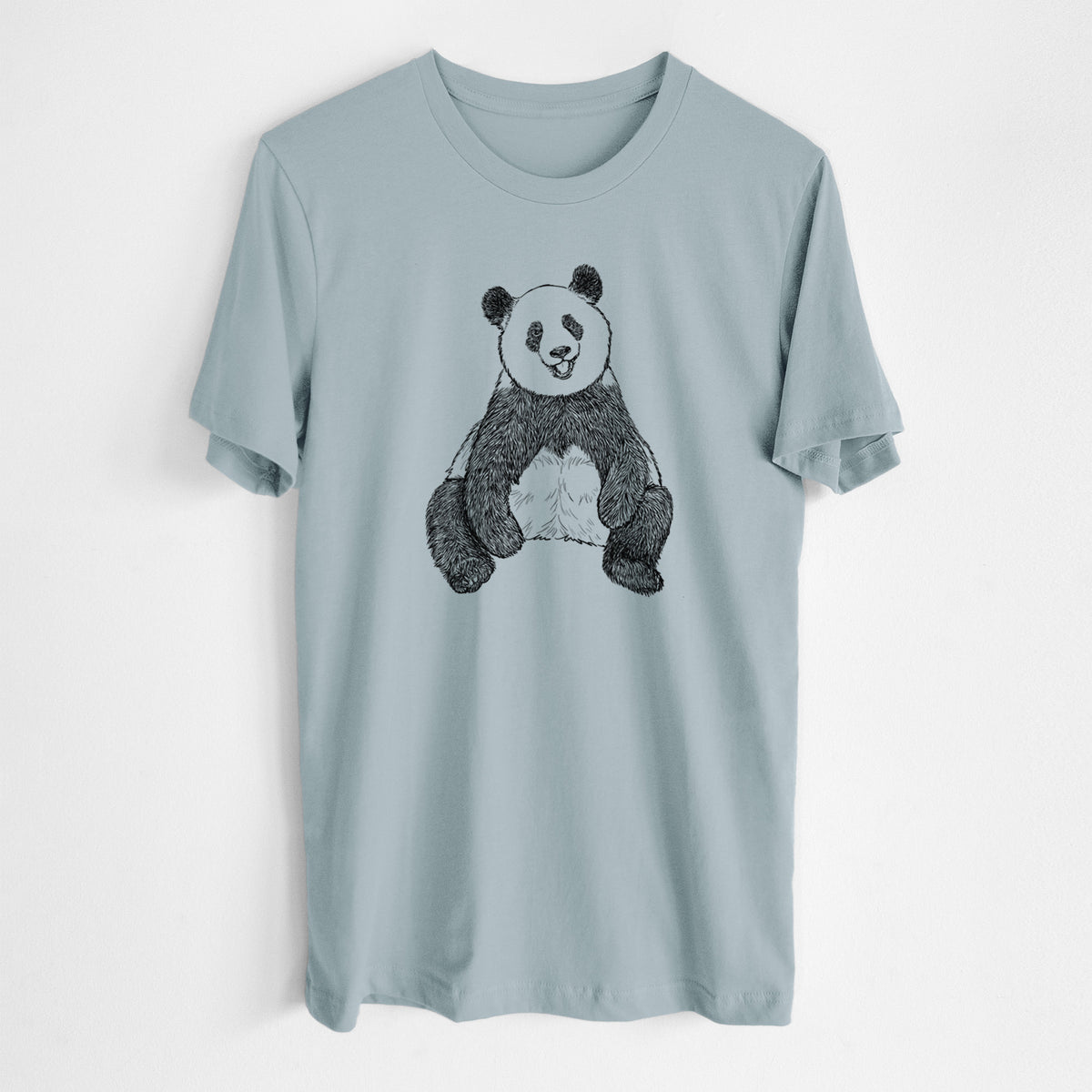 Vintage denim lightweight cotton t-shirt laid flat, printed with a black ink illustration of a giant panda sitting and facing forward.