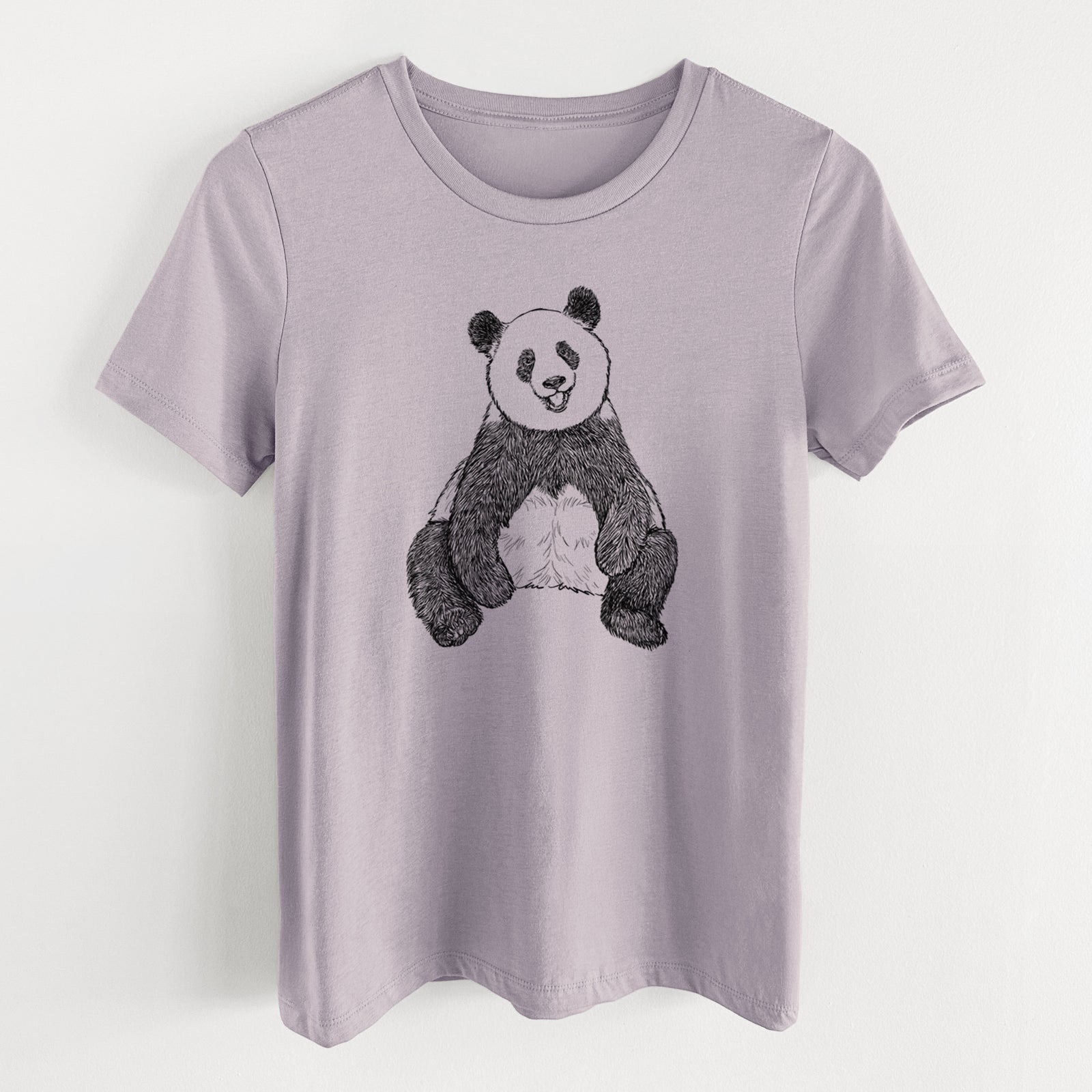 Light violet women's relaxed fit cotton t-shirt laid flat, printed with a black ink illustration of a giant panda sitting and facing forward.