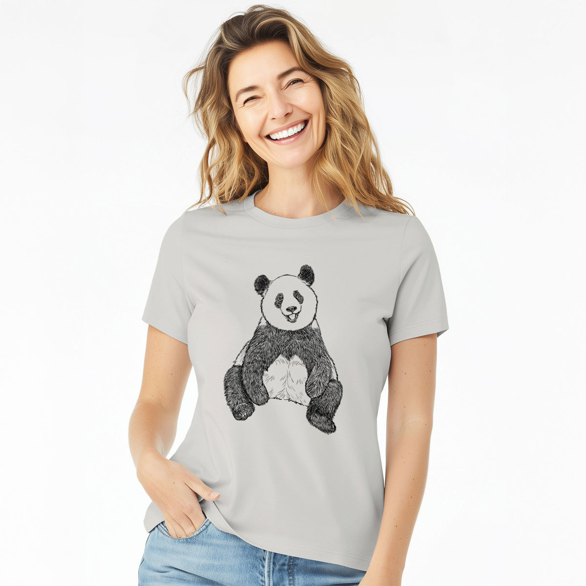 Woman wearing a lunar grey women's relaxed fit cotton t-shirt printed with a black ink illustration of a giant panda sitting and facing forward.