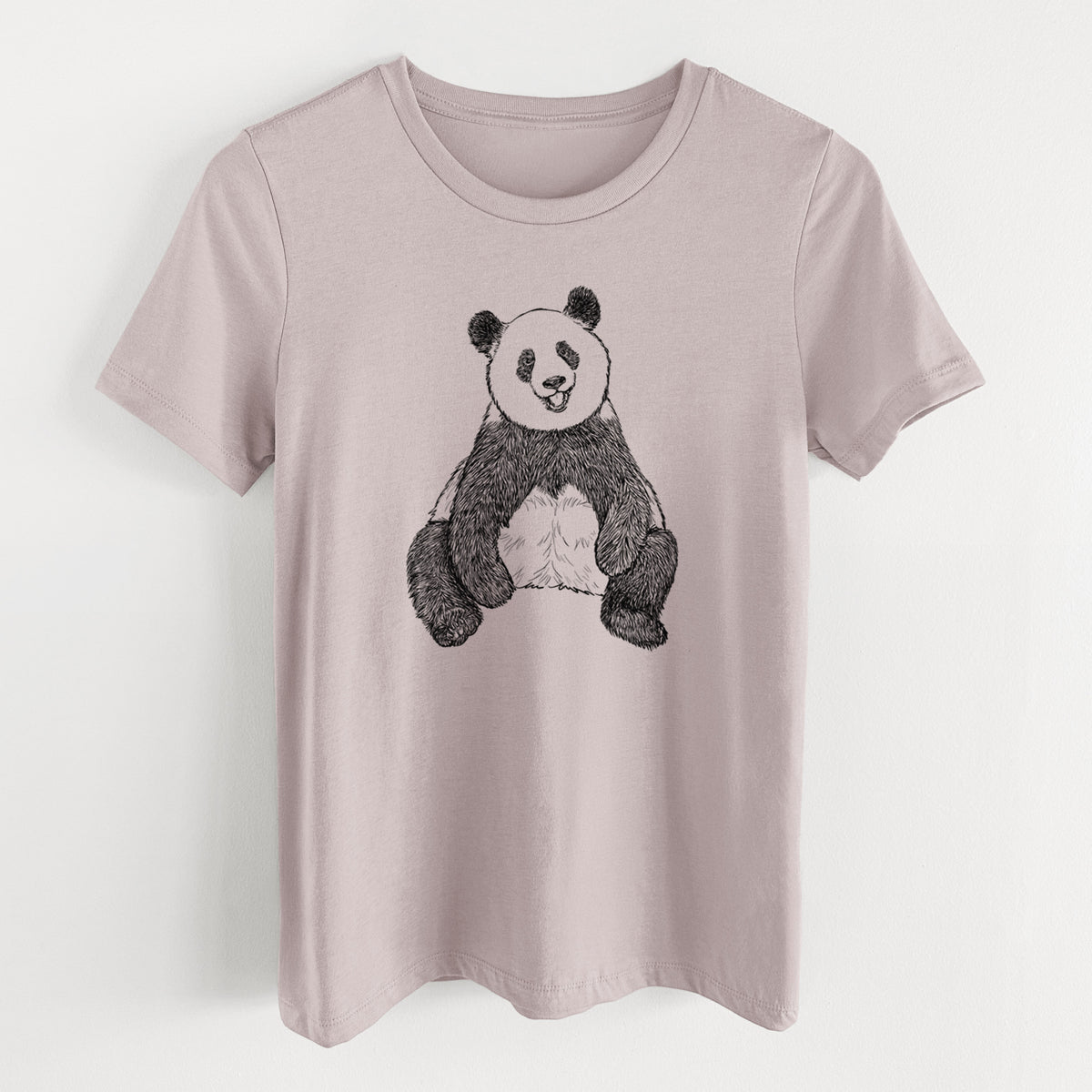 Pink gravel women's relaxed fit cotton t-shirt laid flat, printed with a black ink illustration of a giant panda sitting and facing forward.