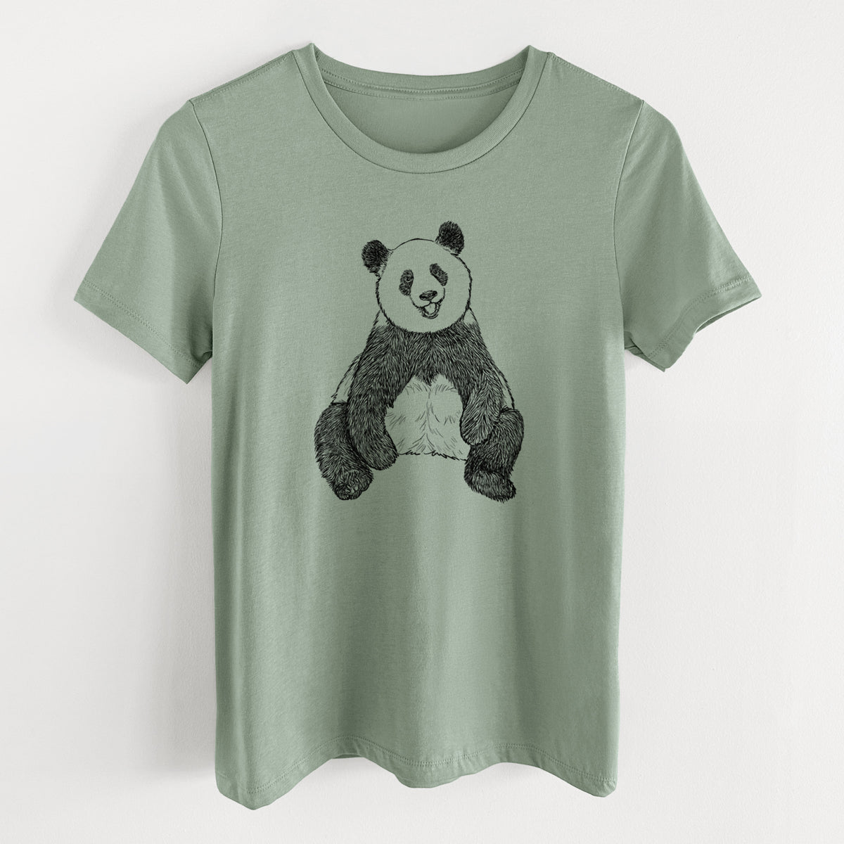 Sage green women's relaxed fit cotton t-shirt laid flat, printed with a black ink illustration of a giant panda sitting and facing forward.