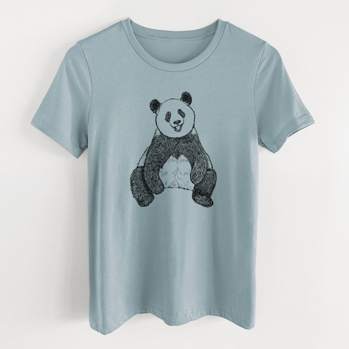 Vintage denim women's relaxed fit cotton t-shirt laid flat, printed with a black ink illustration of a giant panda sitting and facing forward.