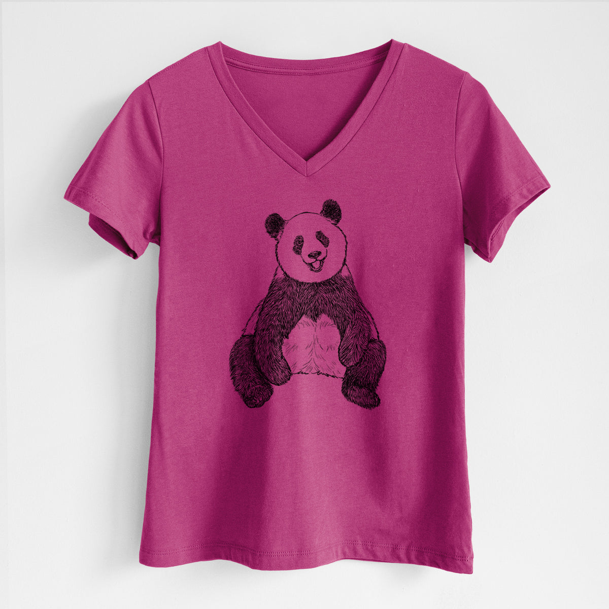 Berry pink women's relaxed fit cotton V-neck t-shirt laid flat, printed with a black ink illustration of a giant panda sitting and facing forward.