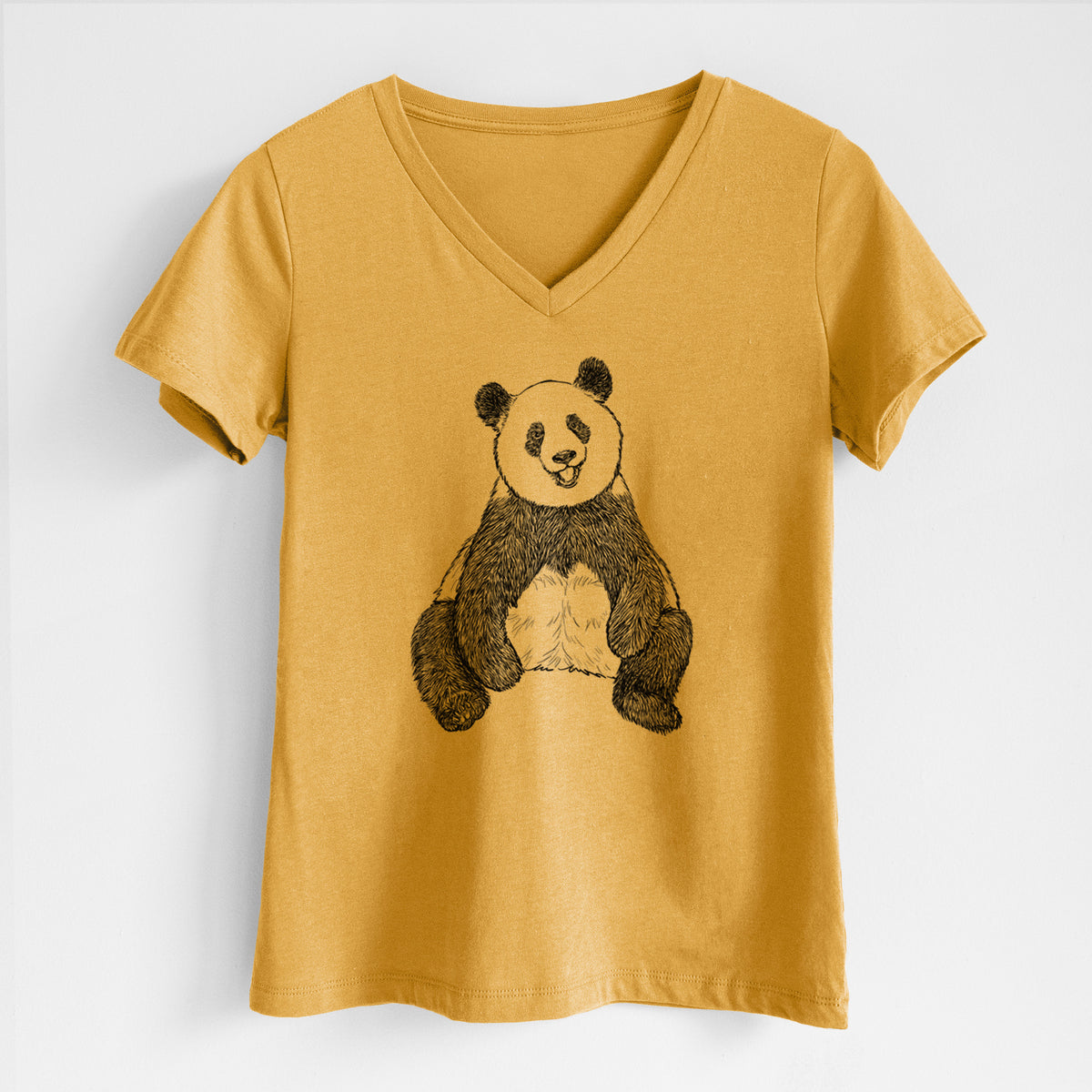 Honeycomb yellow women's relaxed fit cotton V-neck t-shirt laid flat, printed with a black ink illustration of a giant panda sitting and facing forward.