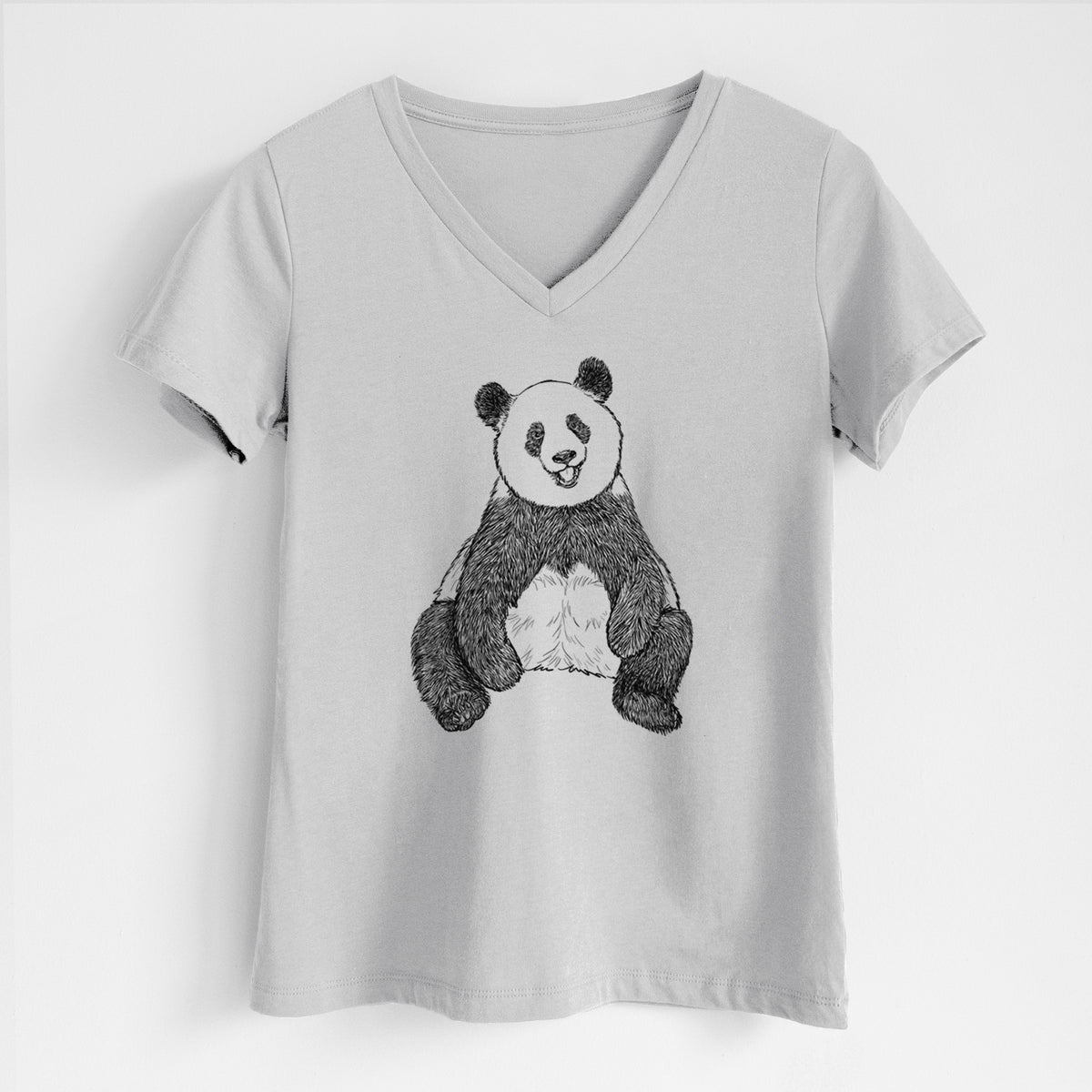 Lunar grey women's relaxed fit cotton V-neck t-shirt laid flat, printed with a black ink illustration of a giant panda sitting and facing forward.