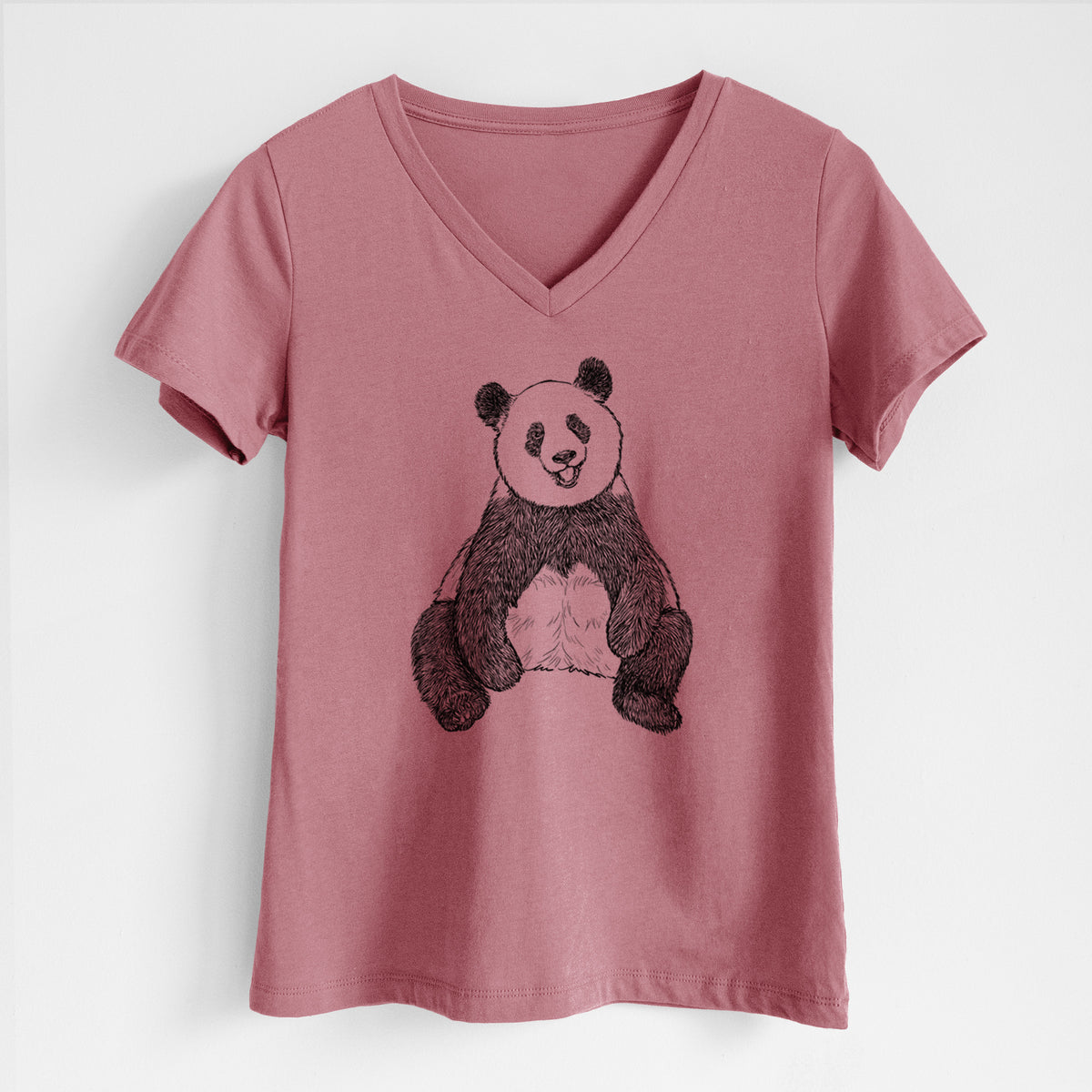 Mauve pink women's relaxed fit cotton V-neck t-shirt laid flat, printed with a black ink illustration of a giant panda sitting and facing forward.