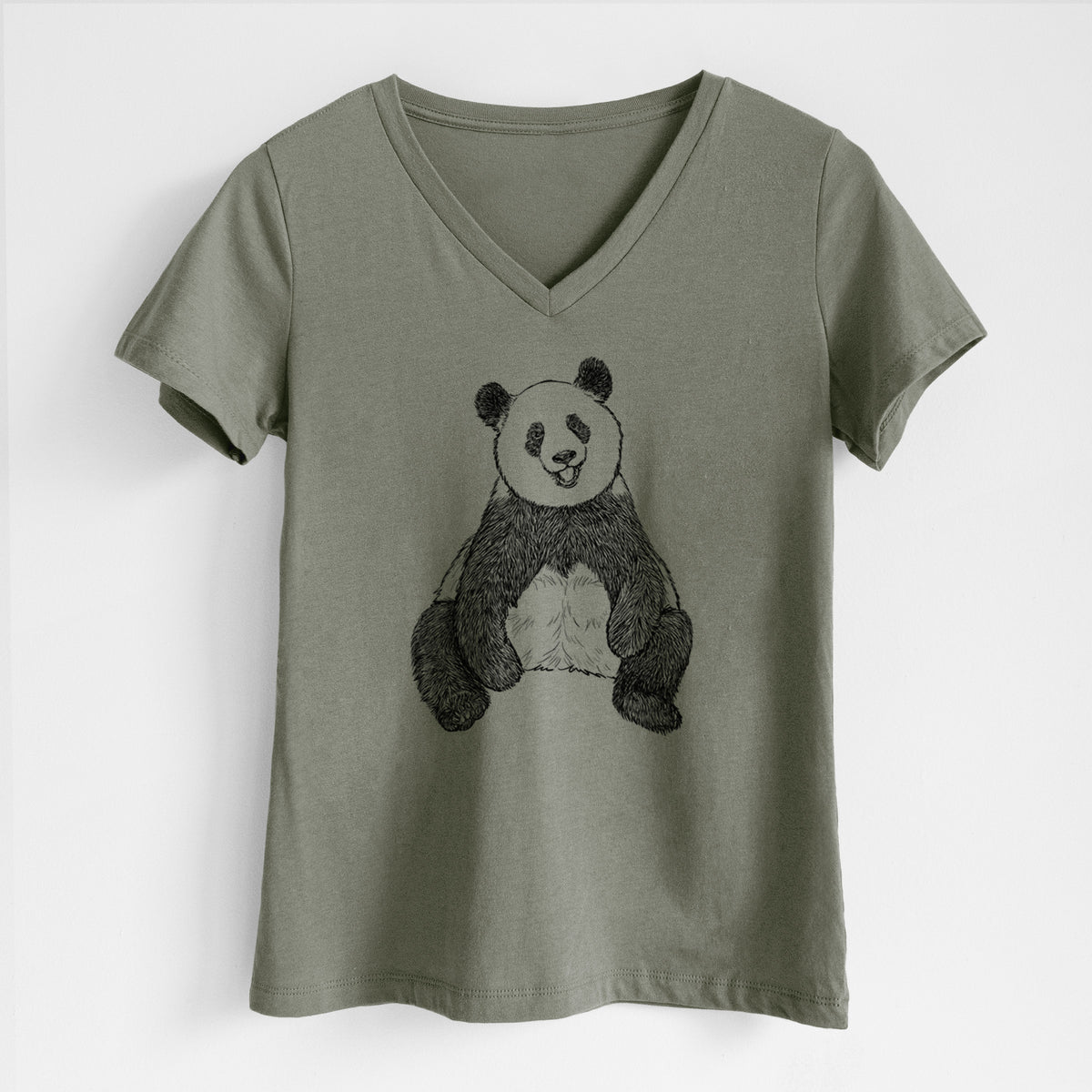 Military green women's relaxed fit cotton V-neck t-shirt laid flat, printed with a black ink illustration of a giant panda sitting and facing forward.